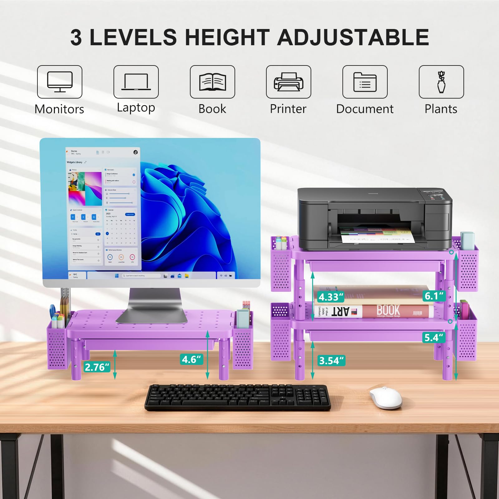 Computer Monitor Stand with Storage, Desk Organizer with Drawer and Pen Holder, Desk Monitor Riser 3 Height Adjustable, Laptop Riser for Laptop, Printer (PTT003-V), 1 Pack, Violet