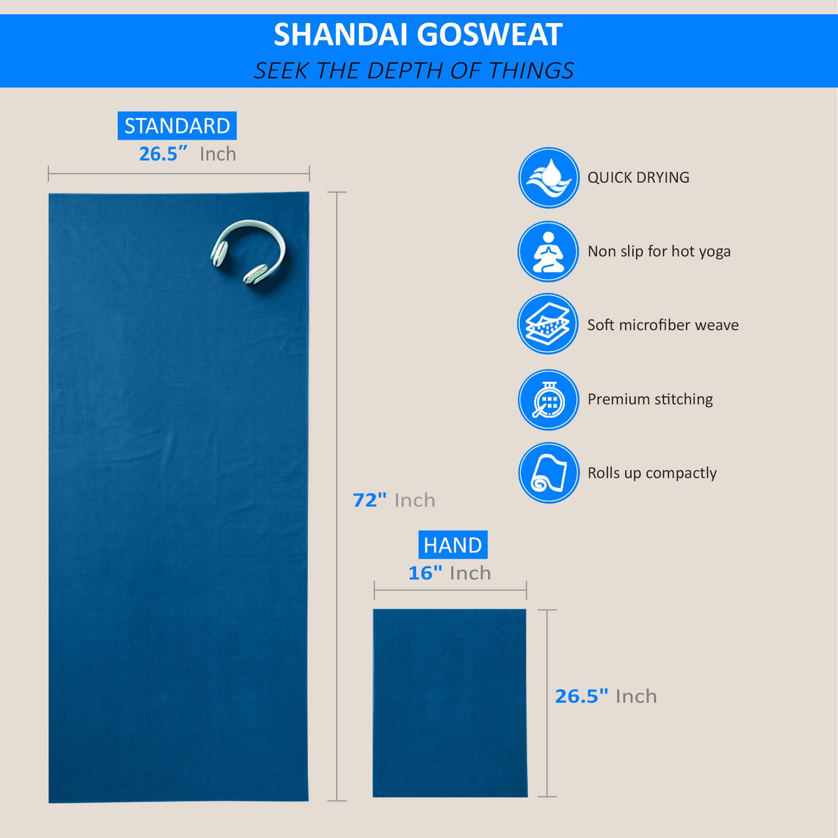 Gosweat Hot Yoga Towel, Color Evening Blue, Size 26.5 x 72