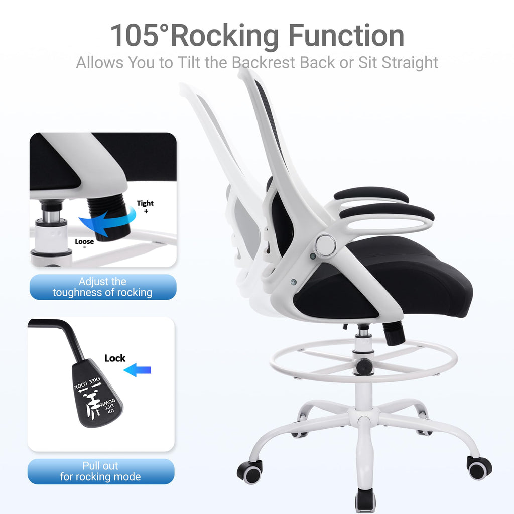 400lbs Heavy Duty Drafting Chair 5" Thickened Seat Office Chair with Flip-Up Armrests Tall Ergonomic Computer Chair with Lumbar Support and Adjustable Footrest Ring Standing Desk Chair (Black)