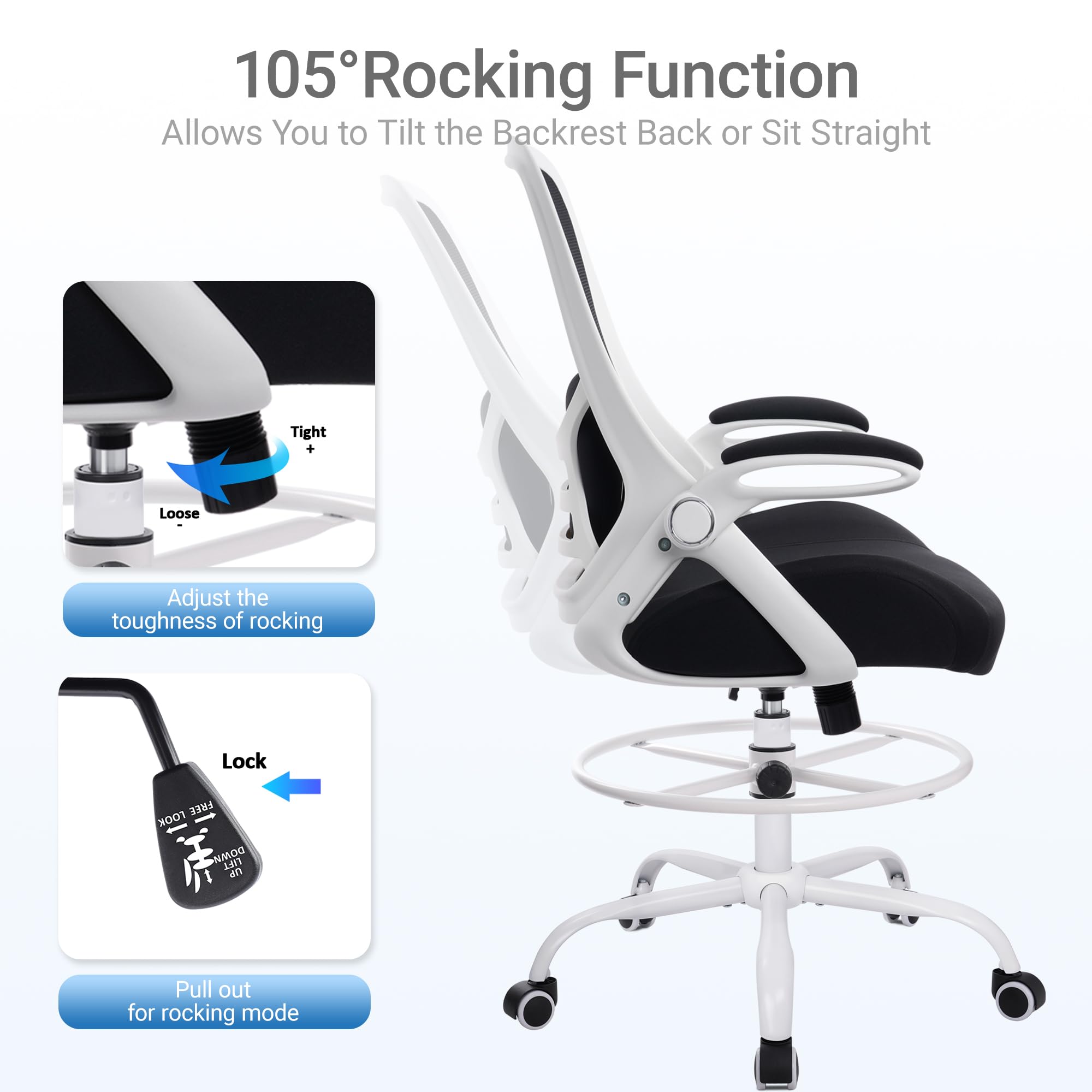 400lbs Heavy Duty Drafting Chair 5" Thickened Seat Office Chair with Flip-Up Armrests Tall Ergonomic Computer Chair with Lumbar Support and Adjustable Footrest Ring Standing Desk Chair (Black)
