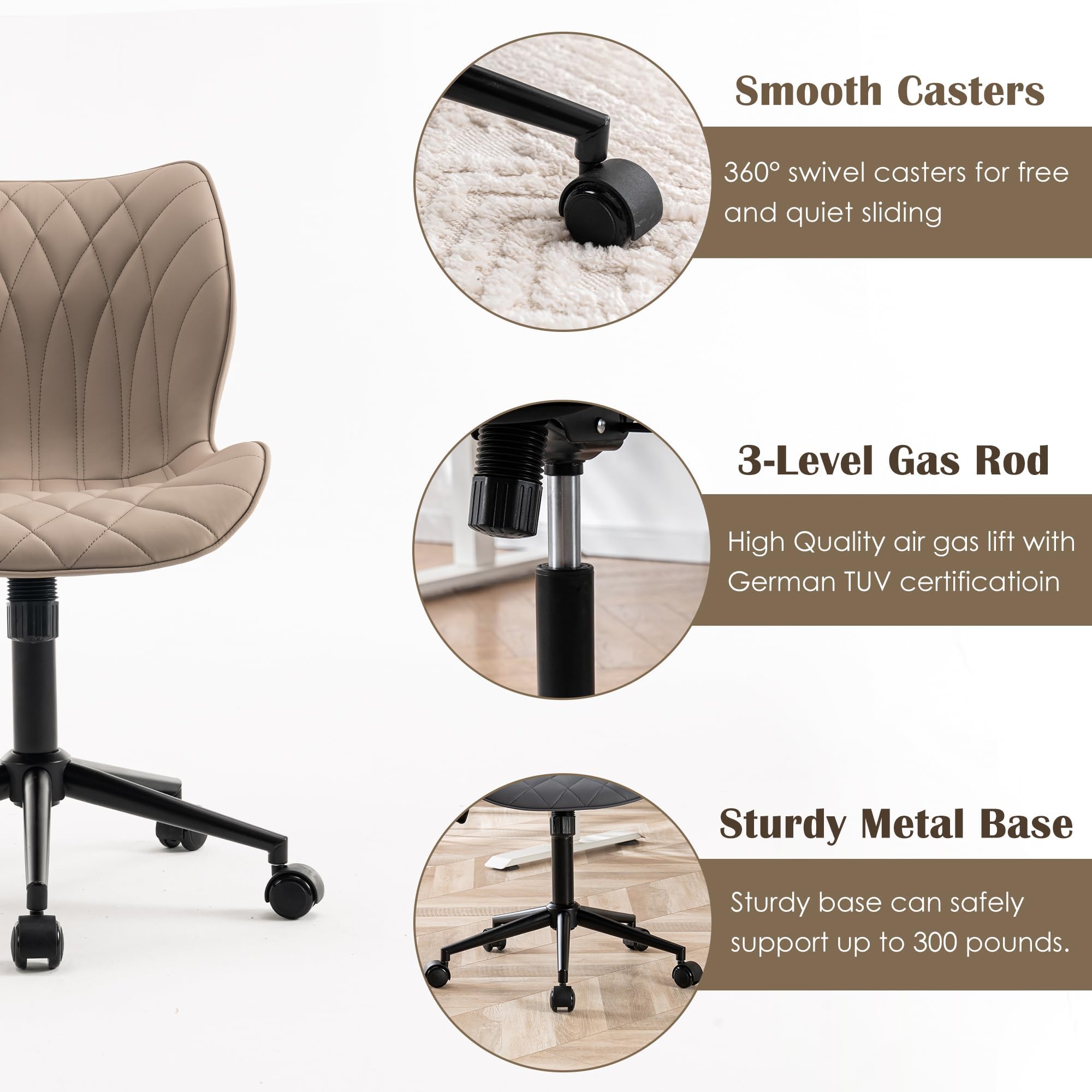 Armless Desk Chair Comfy Office Chair with Wheels Home Ergonomic Task Chair Adjustable Computer Chairs Modern Faux Leather Swivel Chair Upholstered Makeup Vanity Chair with Back(Khaki)
