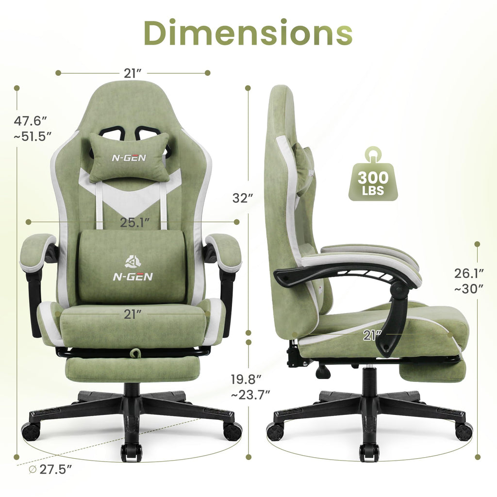 Gaming Chair with Footrest Lumbar Support for Home Office High Back Recliner Height Adjustable Ergonomic Comfy Fabric Computer Desk Chair (Green)