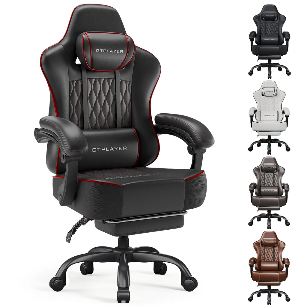 Gaming Chair, Computer Office Chair with Pocket Spring Cushion, Linkage Armrests, Comfortable Leather Computer Chair, Black & Red