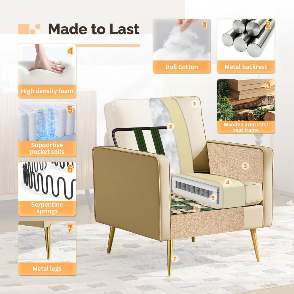 Modern PU Leather Accent Chairs Set of 2, Single Sofa Chair with Pocket Coil Seat, Metal Backrest & Solid Wood Frame, Upholstered Armchair for Office, Living Room, Bedroom