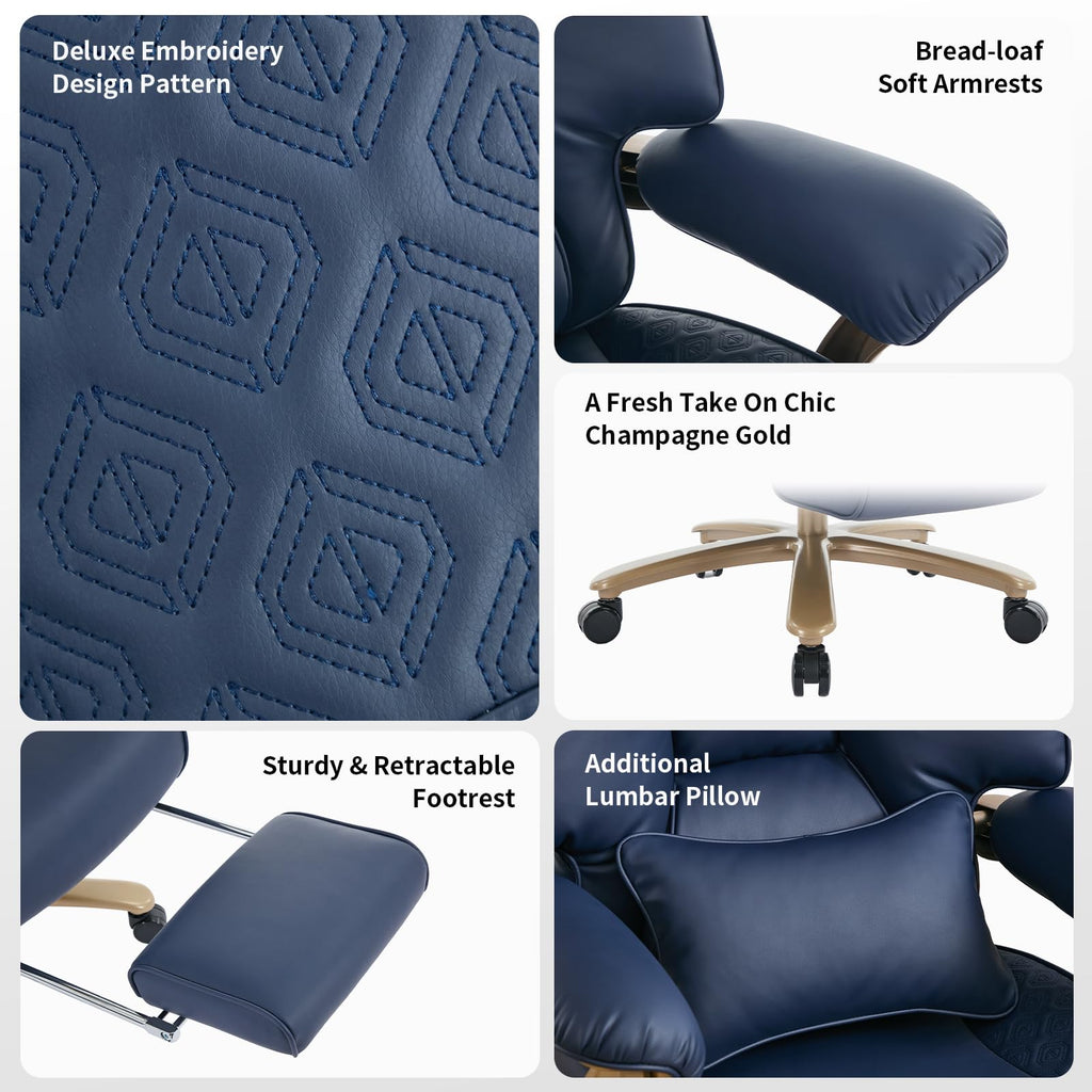Big and Tall Executive Office Chair with Footrest, 400LBS Capacity Ergonomic High-Back Desk Office Chair with Lumbar Support, Padded Armrests & Thick Cushion, Blue PU Leather Chairs