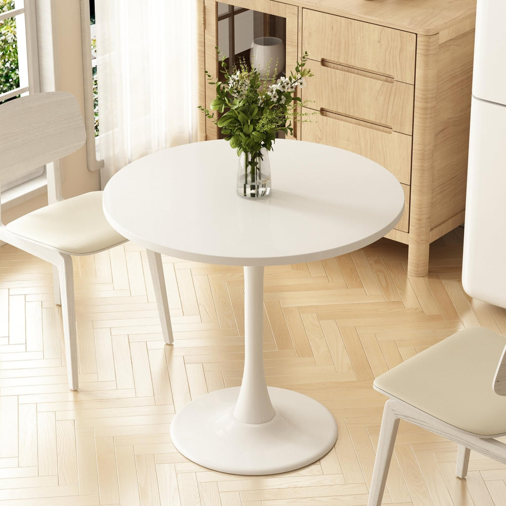 Kasinali Round Dining Table 30" Circle Tulip Table with Wood Thickened Tabletop & Sturdy Metal Pedestal Mid Century Modern Leisure Bistro Kitchen Tables 4 People Small Places Living Room Cafe,White