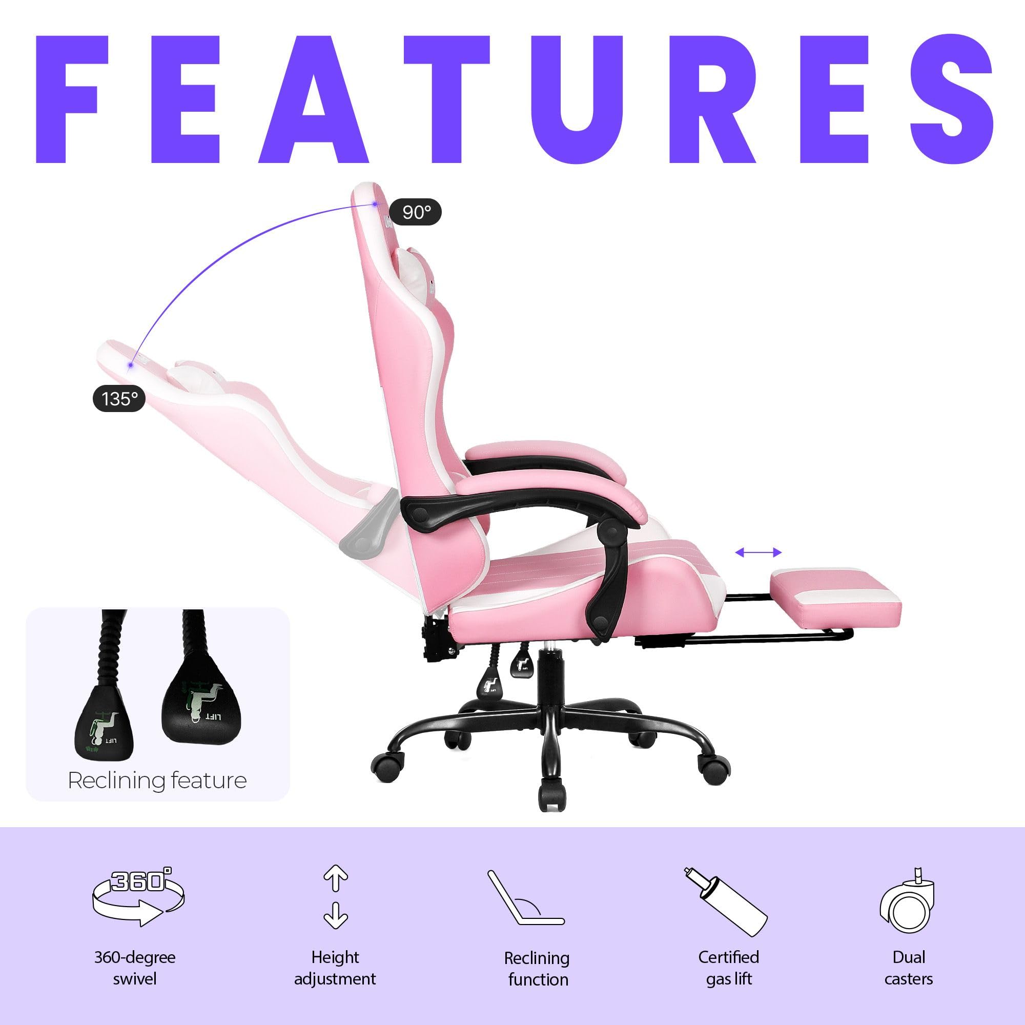 Gaming Chair with Footrest Lumbar Support for Home Office High Back Recliner Height Adjustable Ergonomic Comfy Leather Computer Desk Chair (Pink)