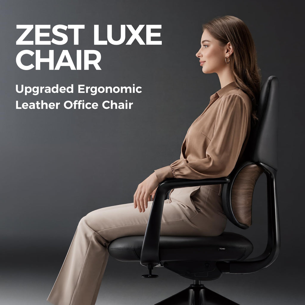 Genuine Leather Office Desk Chair, Ergonomic Leather Office Chair Mid Back, Upgraded Wood Grain Finish and S Curve Back with Solid Aluminum Frame, Luxury and Mordern