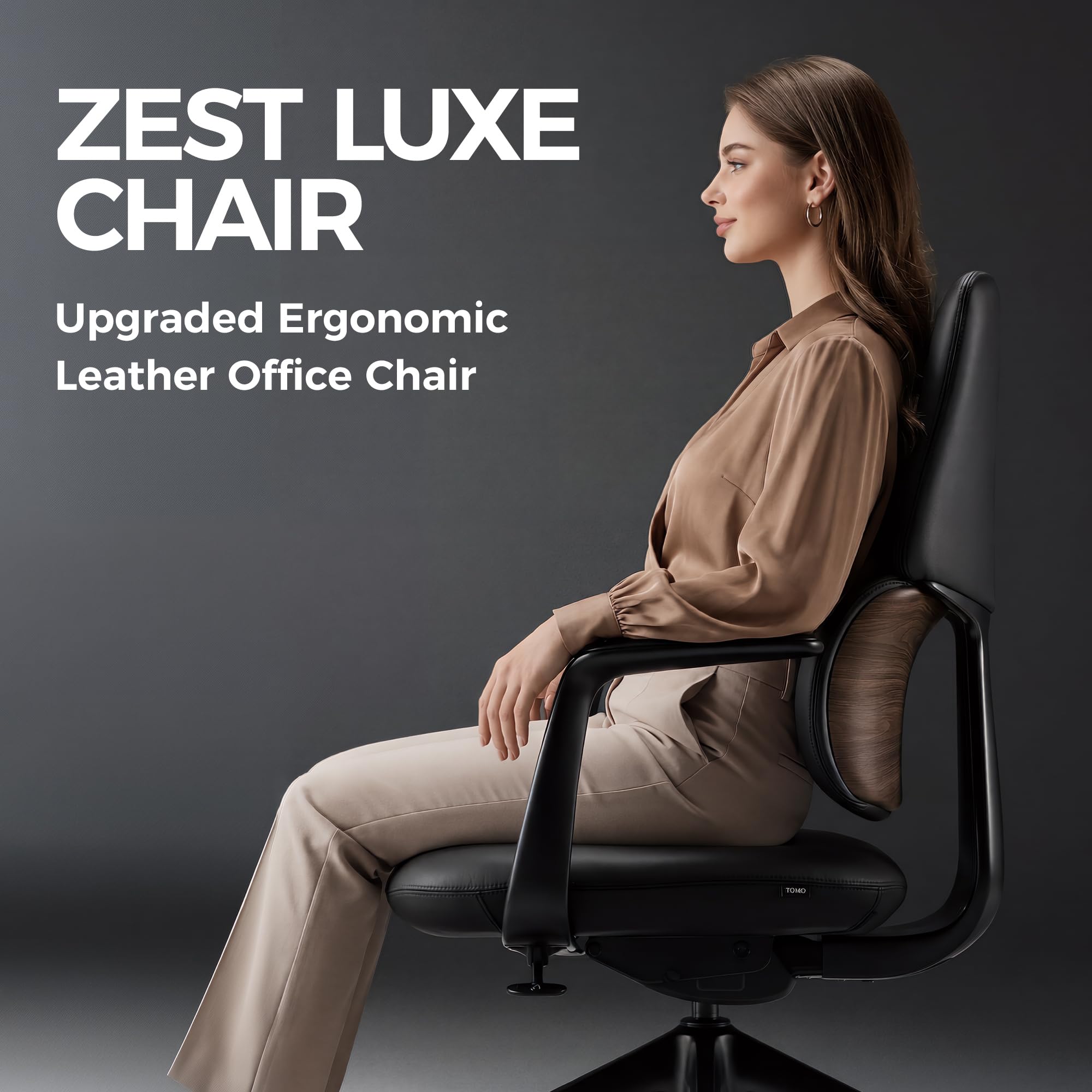 Genuine Leather Office Desk Chair, Ergonomic Leather Office Chair Mid Back, Upgraded Wood Grain Finish and S Curve Back with Solid Aluminum Frame, Luxury and Mordern
