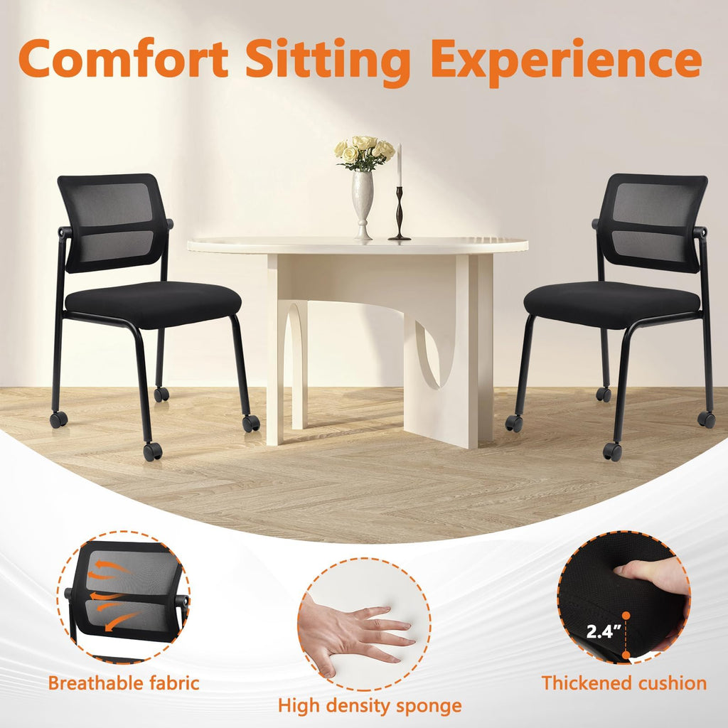 Mesh Stacking Office Desk Chairs with Wheels, Portable Stackable Bulk Waiting Room Armless Chair with Adjustable Back & Fabric Seat for Guest Lobby Side School Church Conference Break, Black