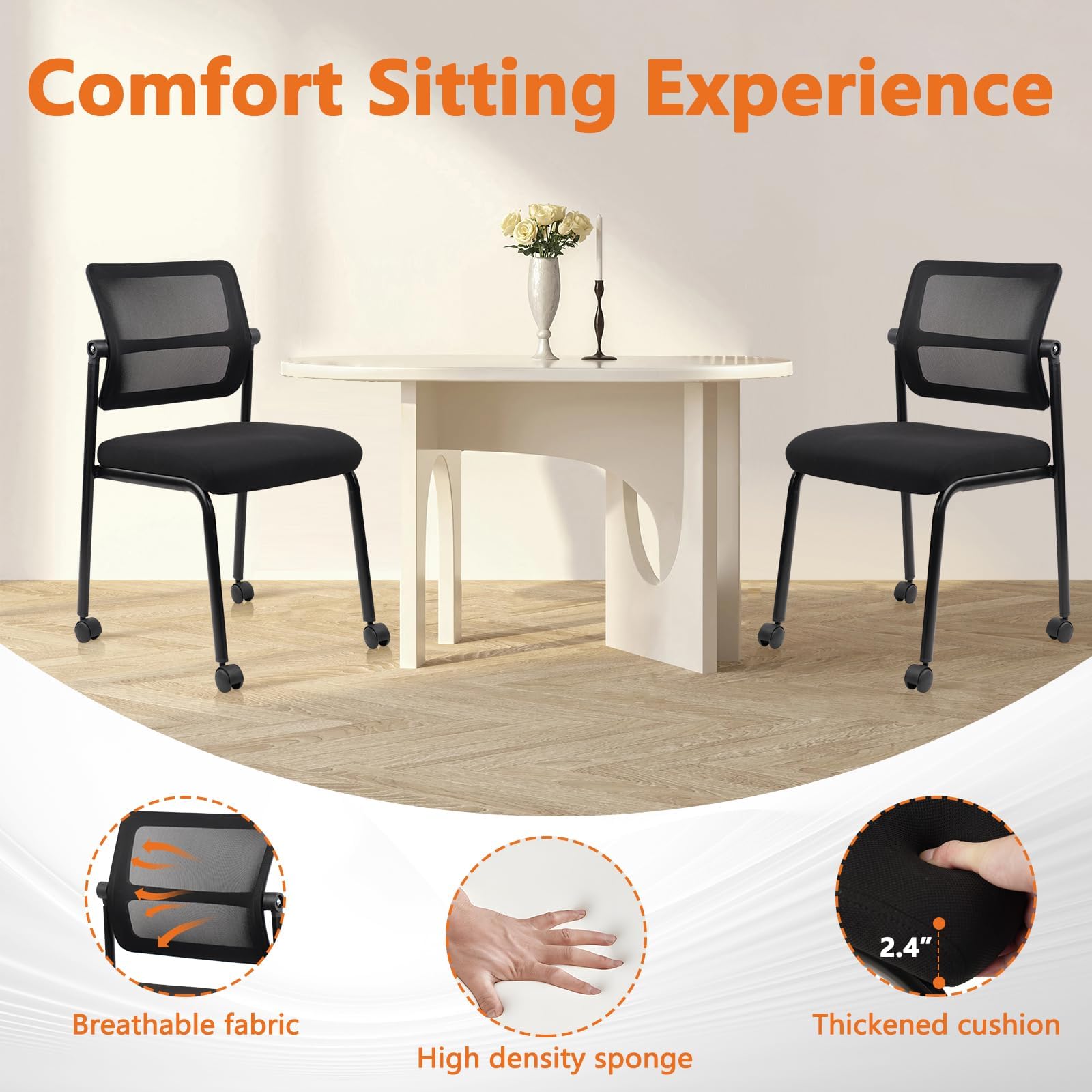 Mesh Stacking Office Desk Chairs with Wheels, Portable Stackable Bulk Waiting Room Armless Chair with Adjustable Back & Fabric Seat for Guest Lobby Side School Church Conference Break, Black