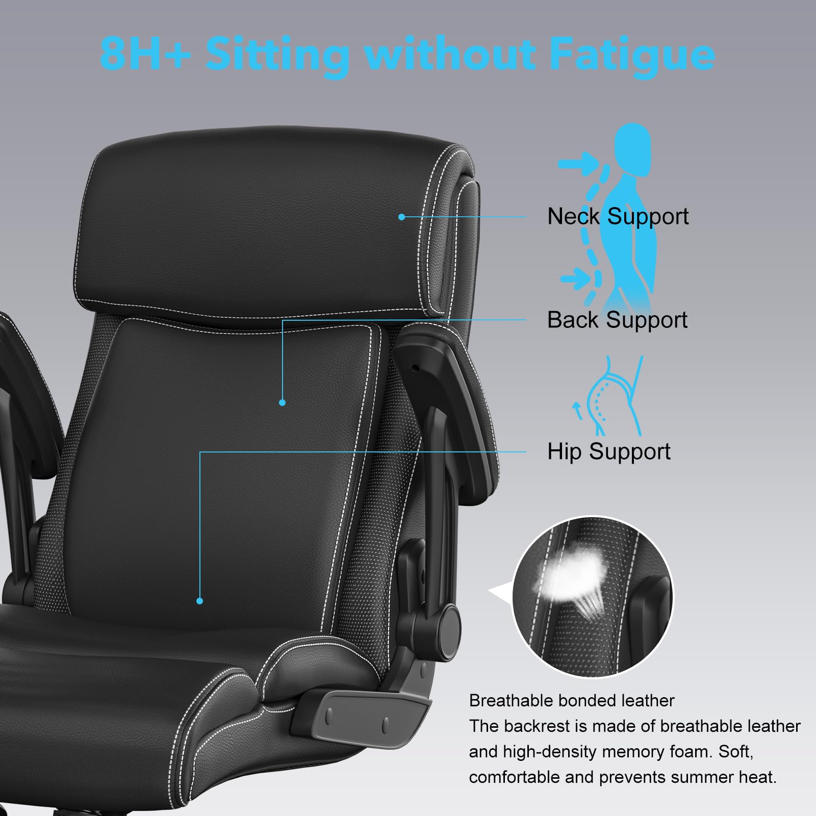 ralex-chair Big and Tall Office Chair, 500lbs for Heavy People, High Back Leather Executive Desk Chair with Flip-up Armrests and Adjustable Height (Black)