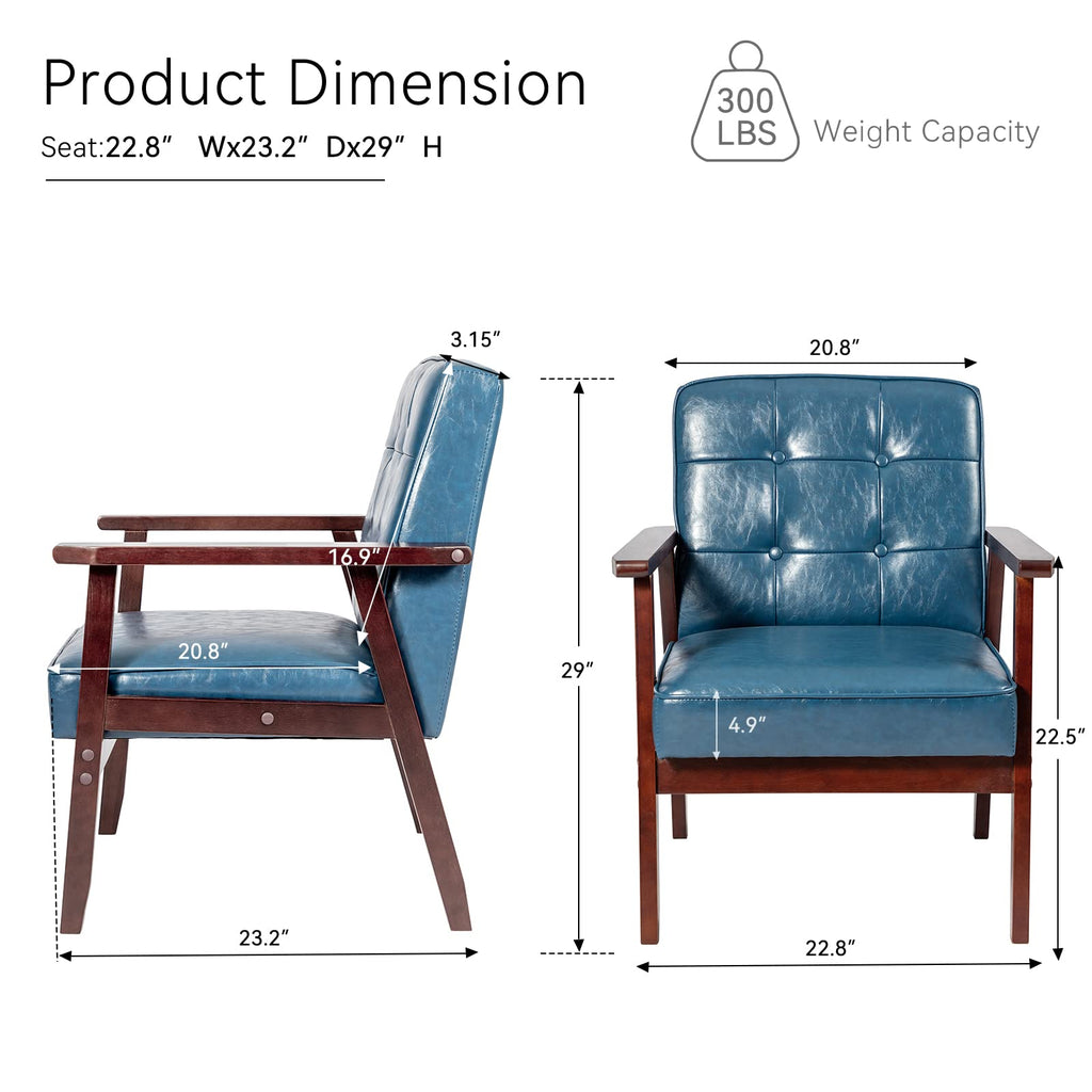 Mid Century Modern Accent Chairs, Retro Wood and Leather Armchairs Side Chair, Lounge Reading Comfy Arm Chair for Living Room, Bedroom, Office (Blue)