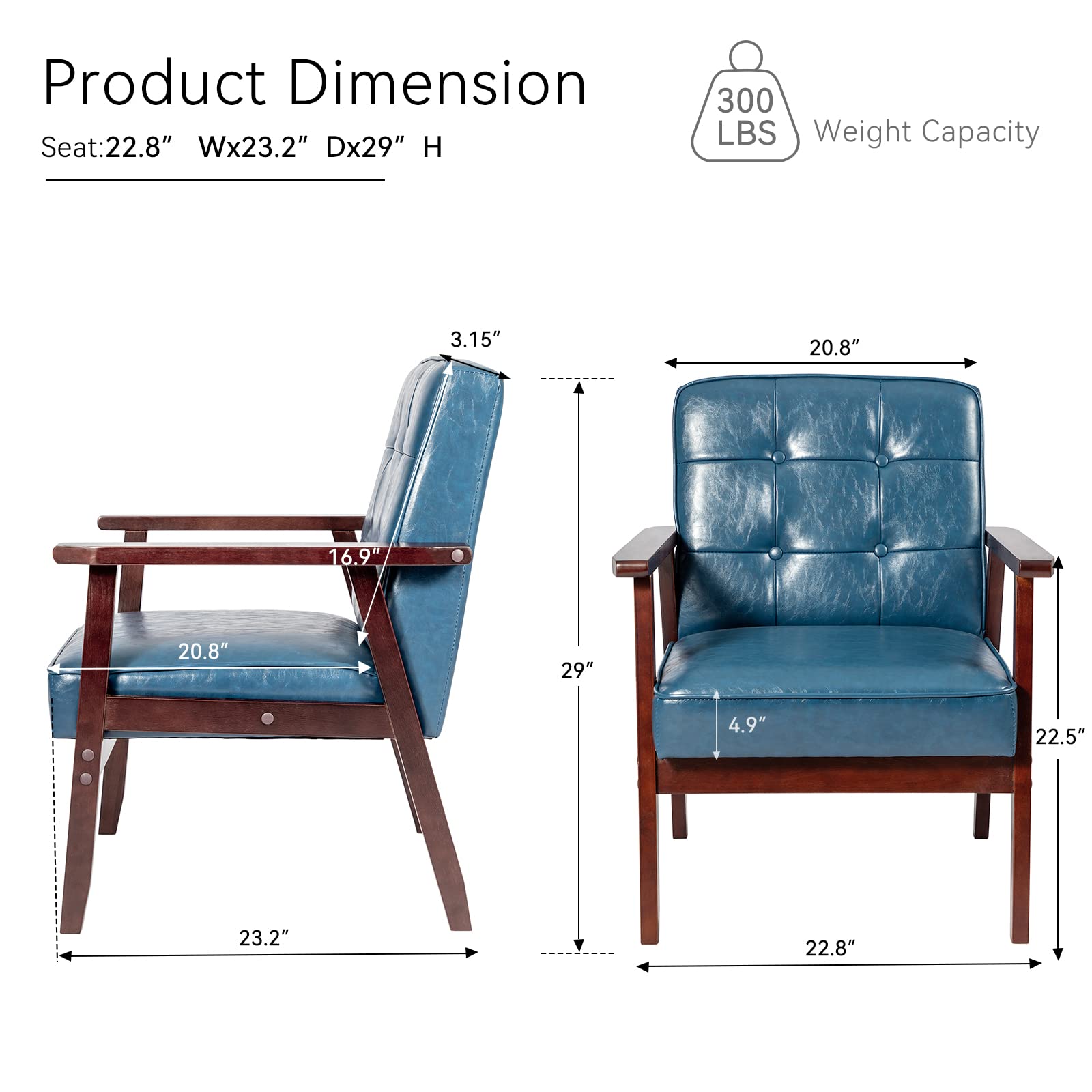 Mid Century Modern Accent Chairs, Retro Wood and Leather Armchairs Side Chair, Lounge Reading Comfy Arm Chair for Living Room, Bedroom, Office (Blue)
