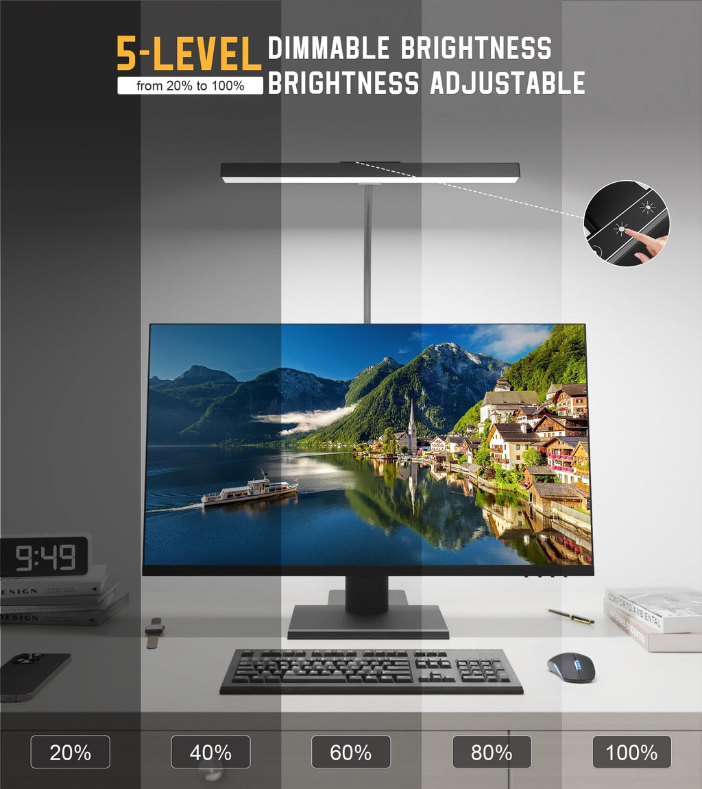 Desk Lamp for Office with Base, Eye-Caring Desk Light with Adjustable Gooseneck, 12W USB Adapter Touch Control 5 Dimmable Brightness & Color Tall Lamp for Work, Computer, Study, Task