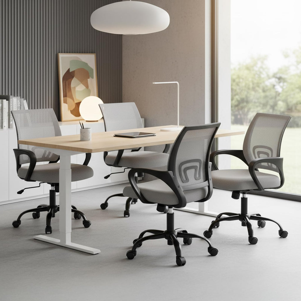 Office Desk Chair - Ergonomic Mid Back with Lumbar Support & Rocking Mode, Height Adjustable with Fixed Armrest, Storage Back for Computer, Gaming, Conference, Meeting Room, 360° Swivel, Grey