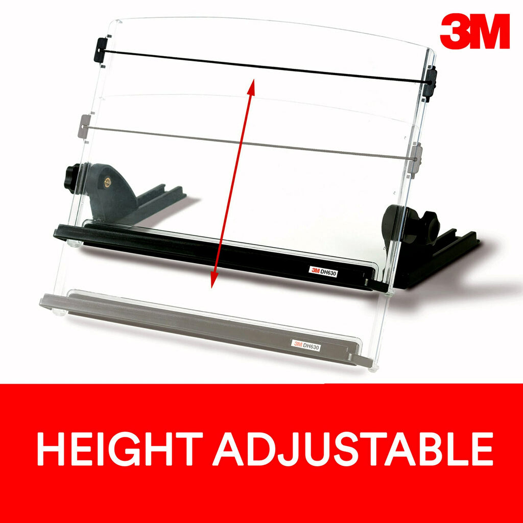 Adjustable Document Copy Holder, Inline with Monitor Minimizing Head and Neck Movement, 150 Capacity Holds Sheets to Books, Elastic Guide Keeps Pages Open, 14" Wide, Black (DH630) - Black/Clear