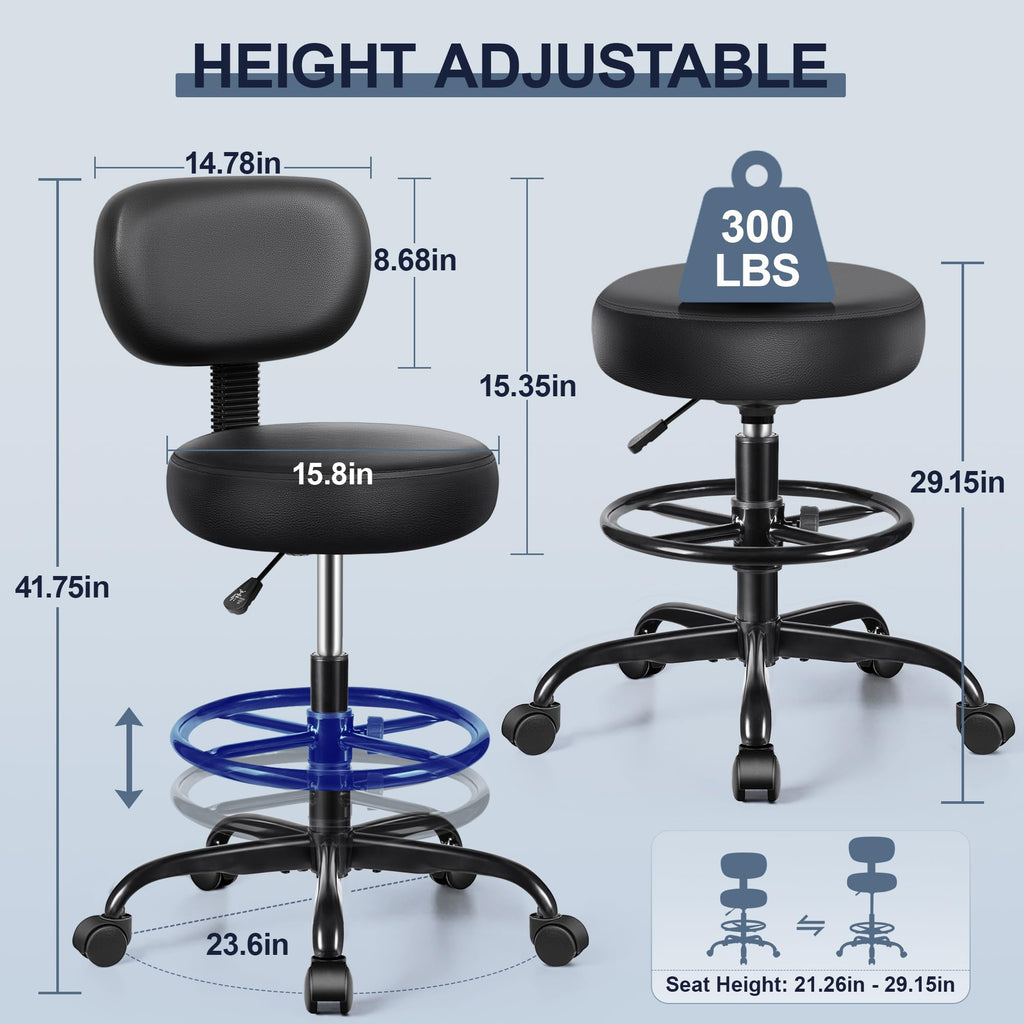 Pack of 5, Drafting Chair with Backrest – Adjustable Foot Rest Rolling Stool with Wheels, PU Leather Swivel Stool for Office Spa Studio Lab Counter Salon Home Work Bar Kitchen Shop(Black)