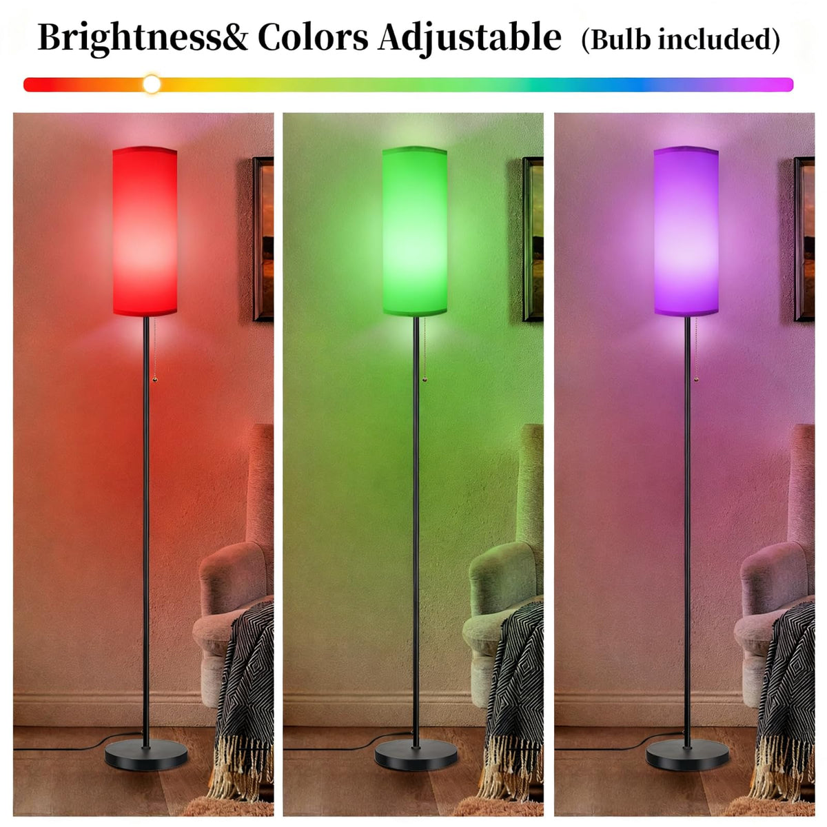 Floor Lamps for Living Room RGB Color Changing Bulbs Dimmable Color Brightness Modern Standing Lamp Remote Control Tall Lamp Chain Switch for Bedroom Office 9W LED Bulb Included, White Shade RGB Bulb