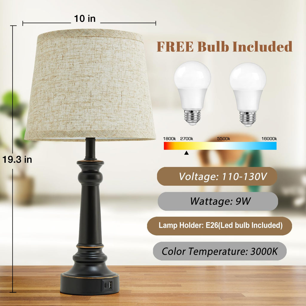 Touch Lamps for Nightstand Set of 2 - Black Table Lamp for Bedroom Dimmable Bedside Lamp with USB C+A Ports - Lamps for Night Stands Living Room End Table,2 LED Bulbs Included