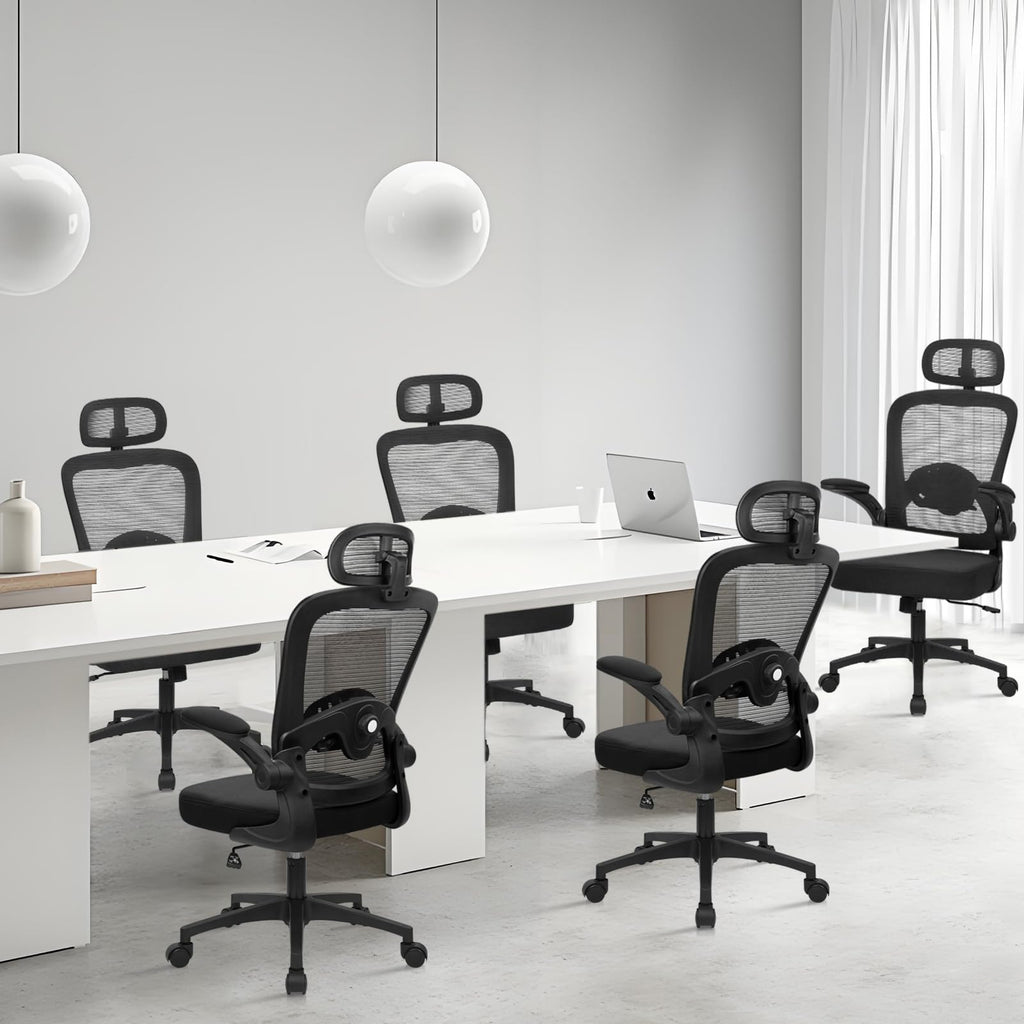 Desk Chairs with Wheels, Ergonomic Mesh Back Home Office Chair with Headrest, Adjustable Lumbar Support Swivel Rolling Computer Chairs with Flip Up Armrests for Conference Meeting Room, Black