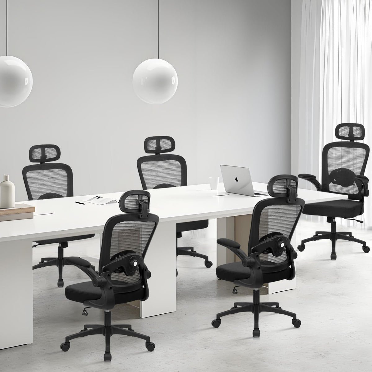 Desk Chairs with Wheels, Ergonomic Mesh Back Home Office Chair with Headrest, Adjustable Lumbar Support Swivel Rolling Computer Chairs with Flip Up Armrests for Conference Meeting Room, Black
