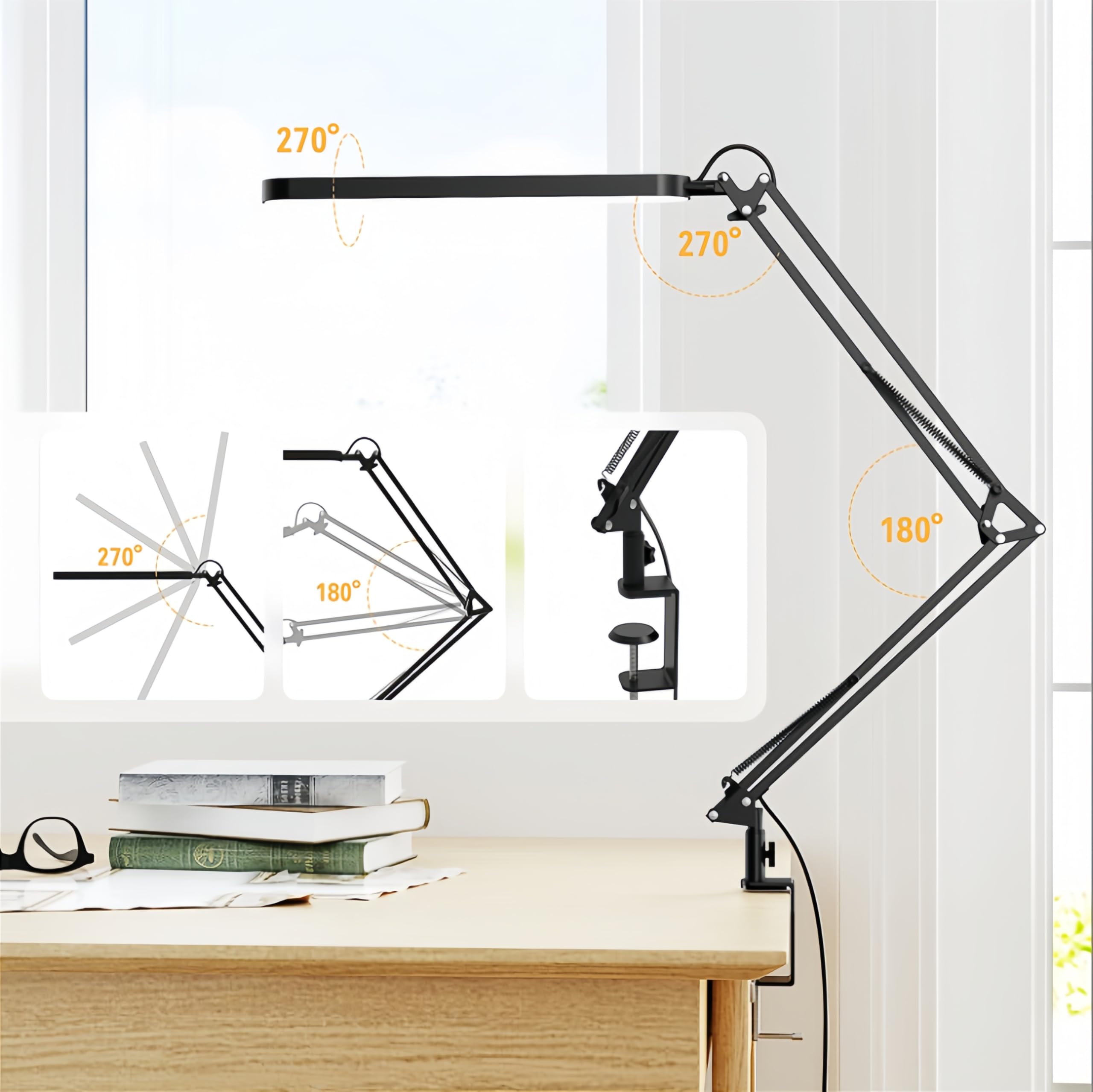 Desk Lamp for Office, Eye Comfortable LED Desk Light for Long Hours, Adjustable Swing Arm with Memory Function, Black