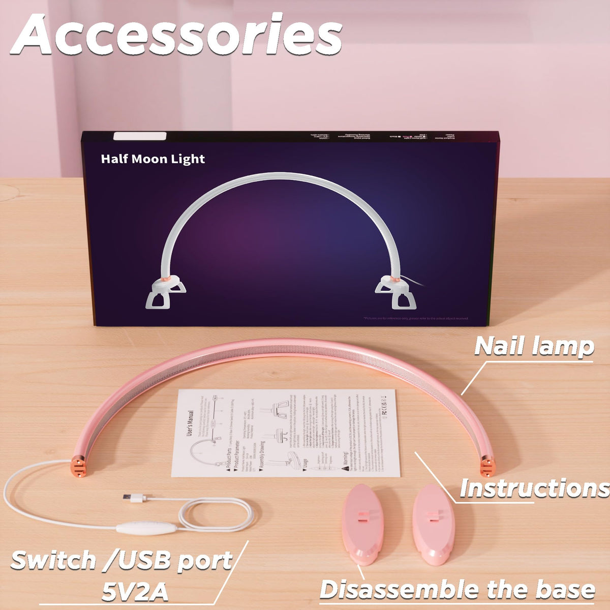 Half Moon Light for Nail Desk, Moon Light Nail Tech, 20 inch Moon Lamp for Nails 3 Color Temperature for Table for Nails/Photograph/Crafts Lighting(Medium Pink)