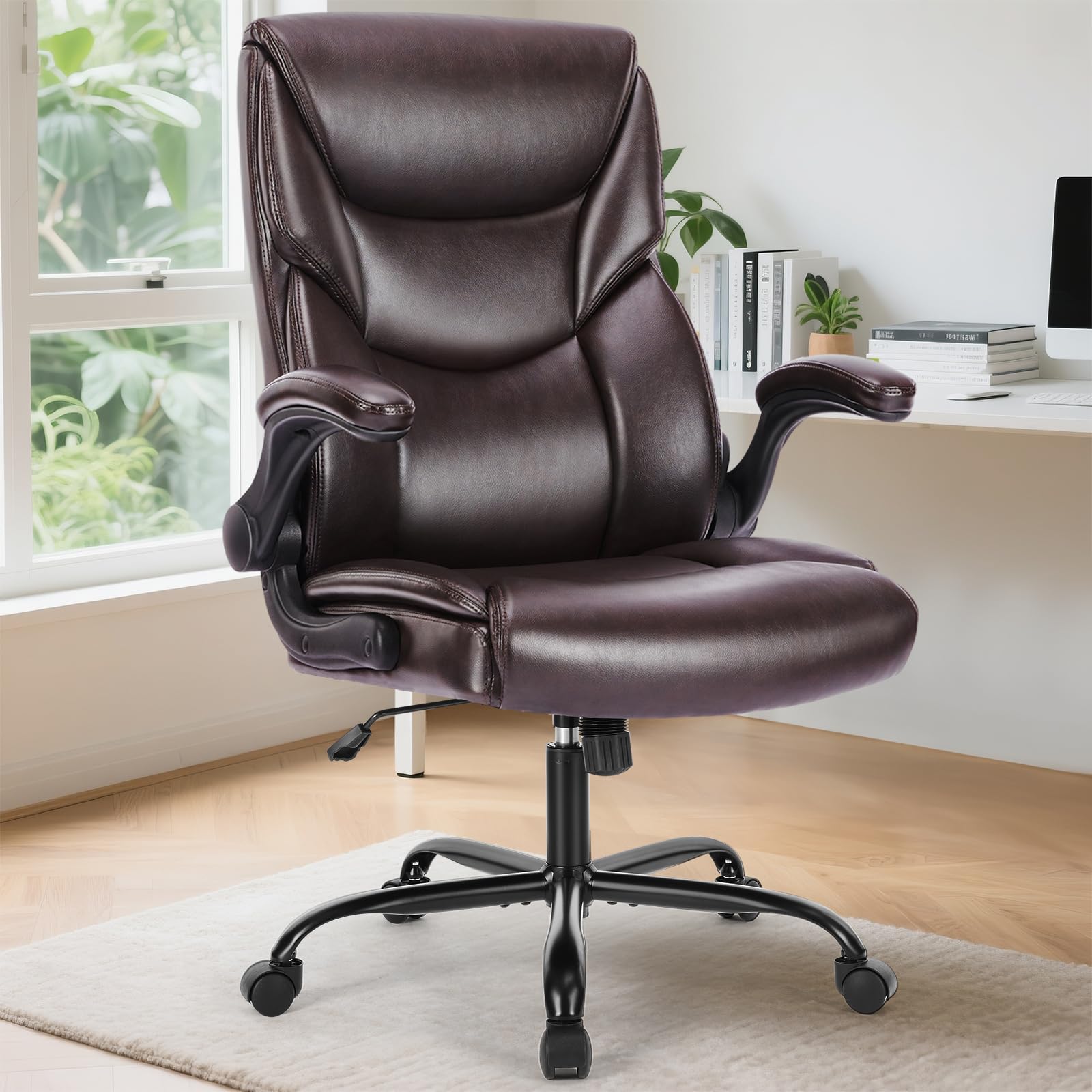 Set of 2, Ergonomic Computer Gaming Office Chair  Heavy Duty Task Desk Swivel Rolling Chairs with Wheels, Flip-up Arms, Adjustable Height, PU Leather,Dark Brown
