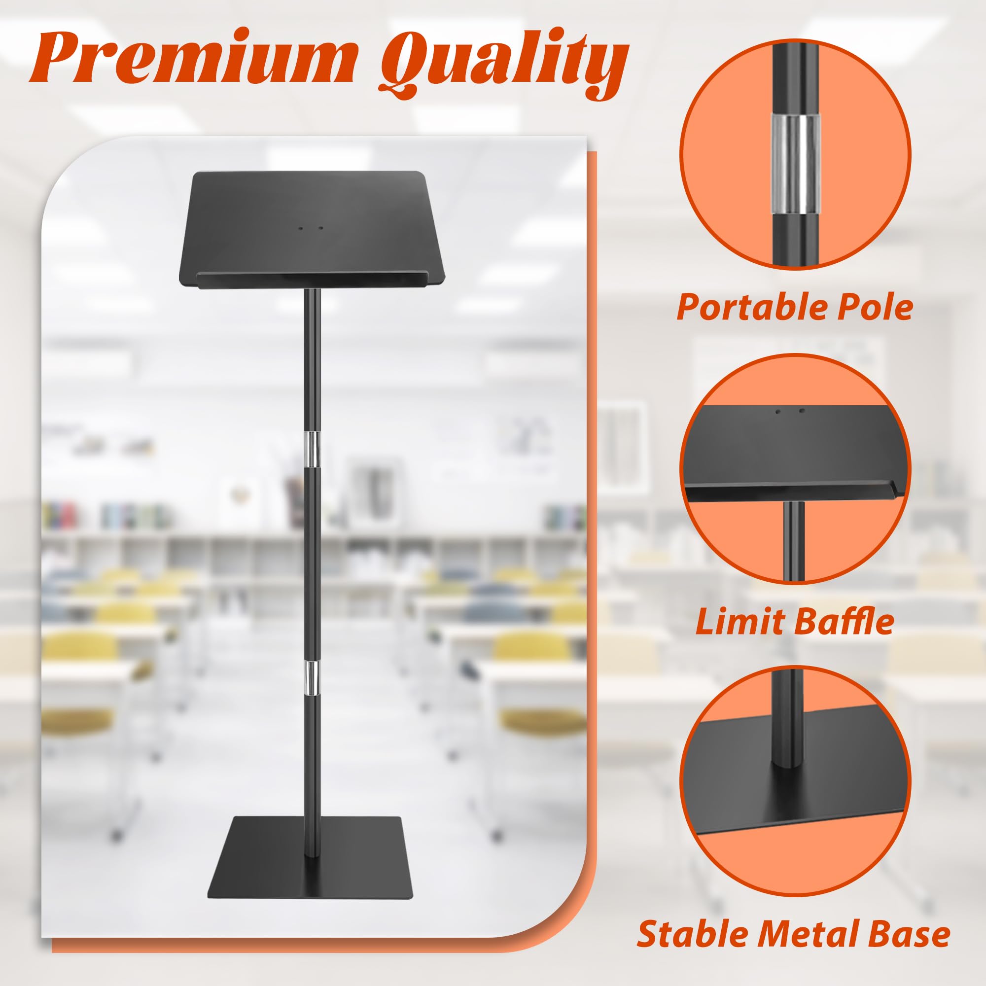 Podium Stand, Lecterns & Podiums, Acrylic Adjustable Angles with Metal Base, Podium for Church, Weddings, Classroom, Speech, 16" L x 12" W x 48" H (Black)