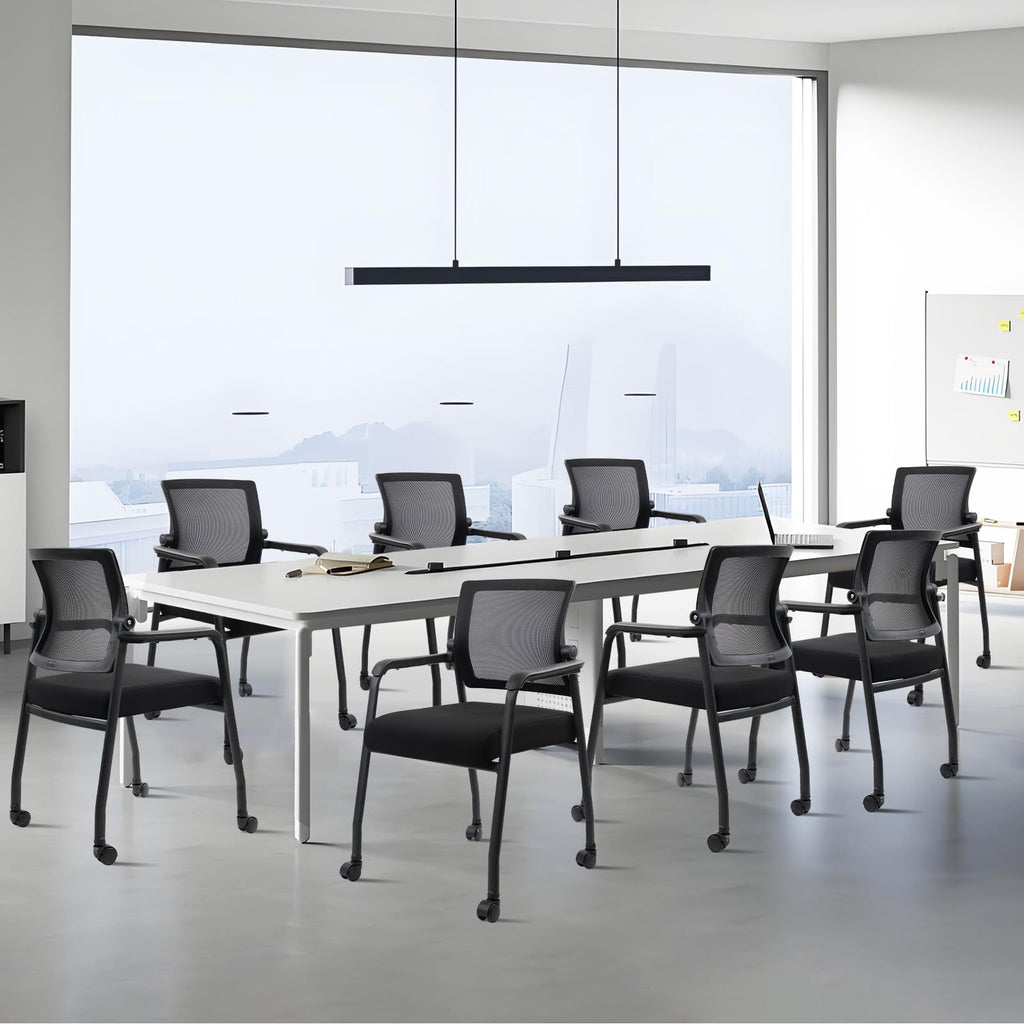 Waiting Room Chairs with Wheels, Adjustable Mesh Backrest, Desk Chair with Ergonomic Lumbar Support and Thickened Seats Cushion, Black