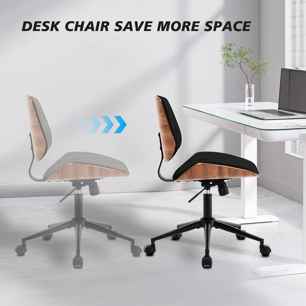 Armless Desk Chair with 360°Swivel Wheels, Ergonomic Adjustable Height Computer Chair for Home Office,PU Leather with Modern Walnut Drafting Chairs for Office, Reading Nook(Black)