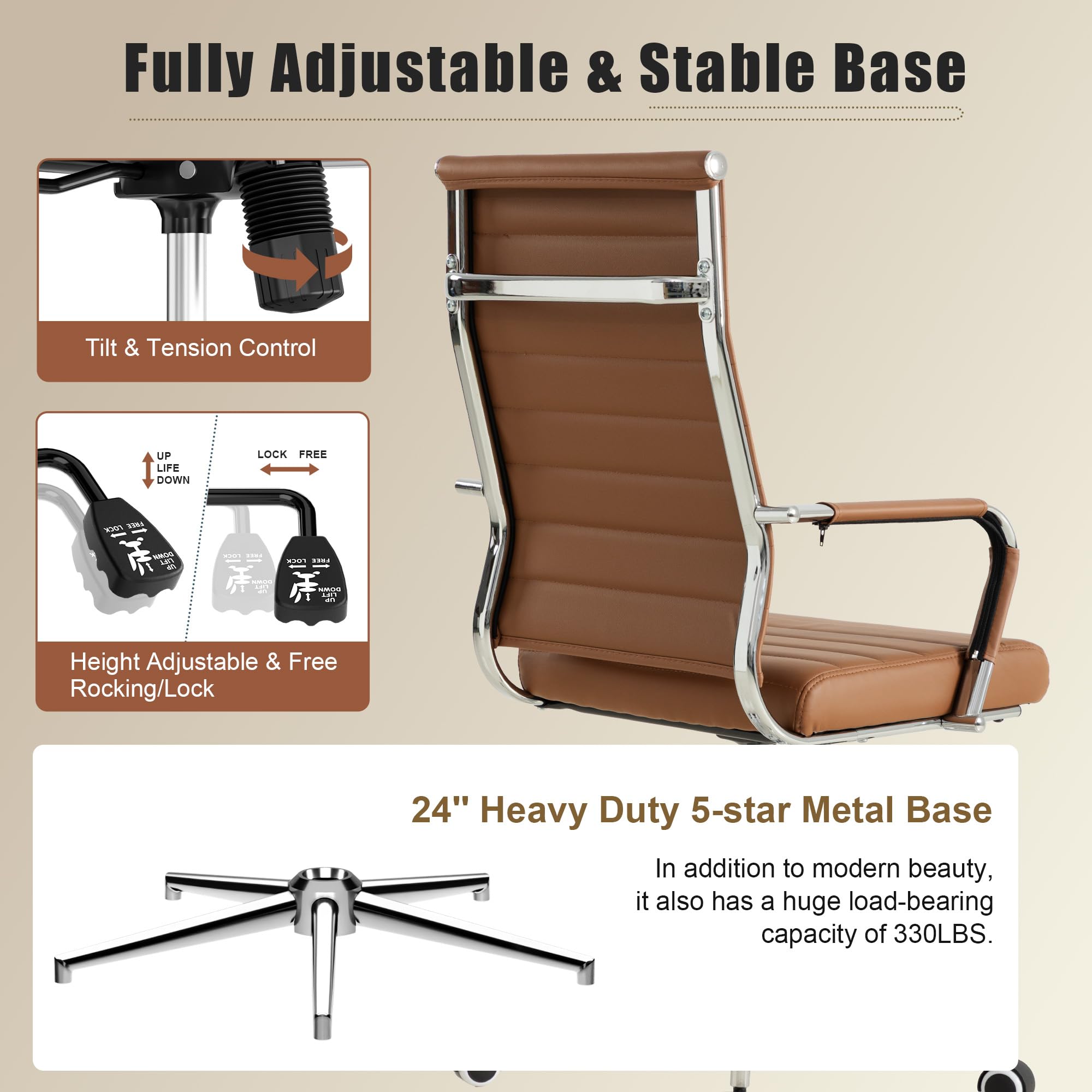 Office Desk Chair, Ergonomic Leather Modern Conference Room Chairs, Executive Ribbed Height Adjustable Swivel Rolling Chair for Home Office. (Brown)