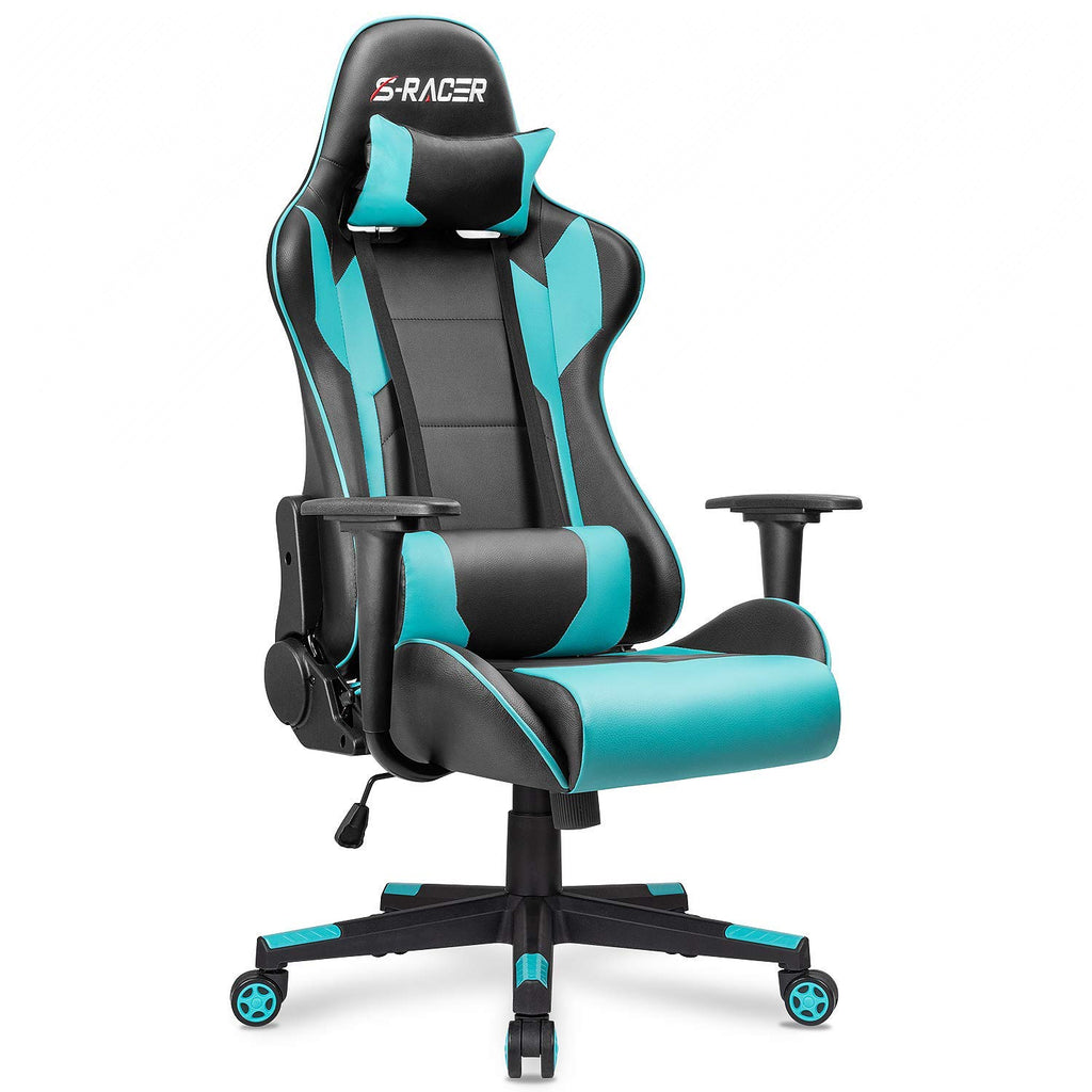 Gaming Chair, Office Chair High Back Computer Chair Leather Desk Chair Racing Executive Ergonomic Adjustable Swivel Task Chair with Headrest and Lumbar Support(Cyan)