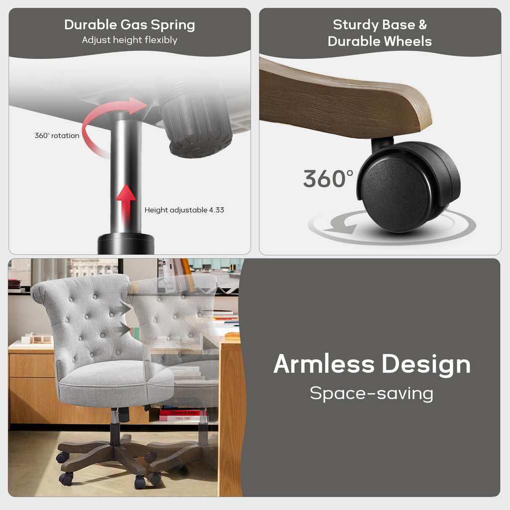 Home Office Chair Upholstered Armless Desk Chair with Wheels Adjustable Height Computer Desk Chair with Wooden Legs Linen Comfortable Swivel Chairs for Home Office Study Studio (Light Grey)