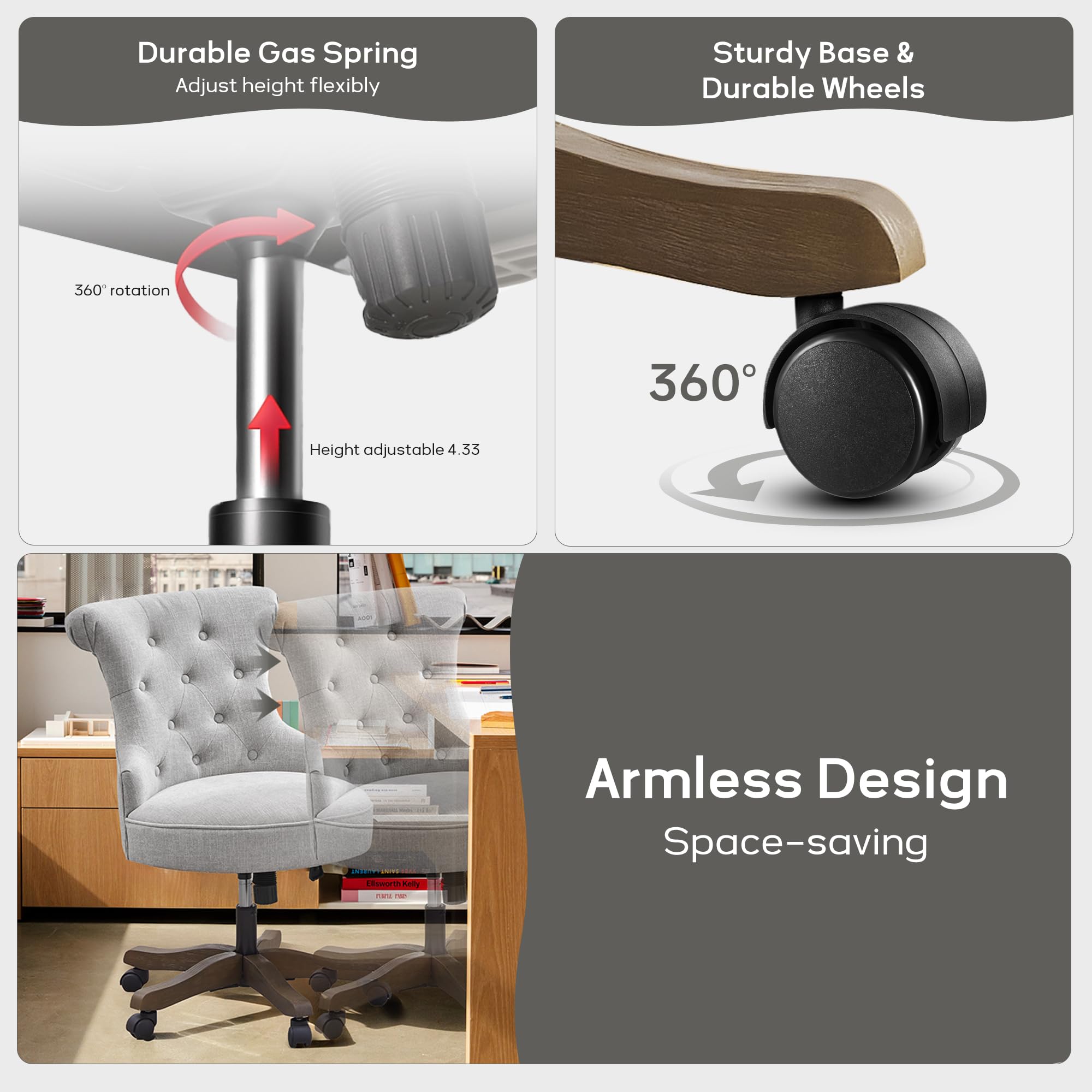 Home Office Chair Upholstered Armless Desk Chair with Wheels Adjustable Height Computer Desk Chair with Wooden Legs Linen Comfortable Swivel Chairs for Home Office Study Studio (Light Grey)