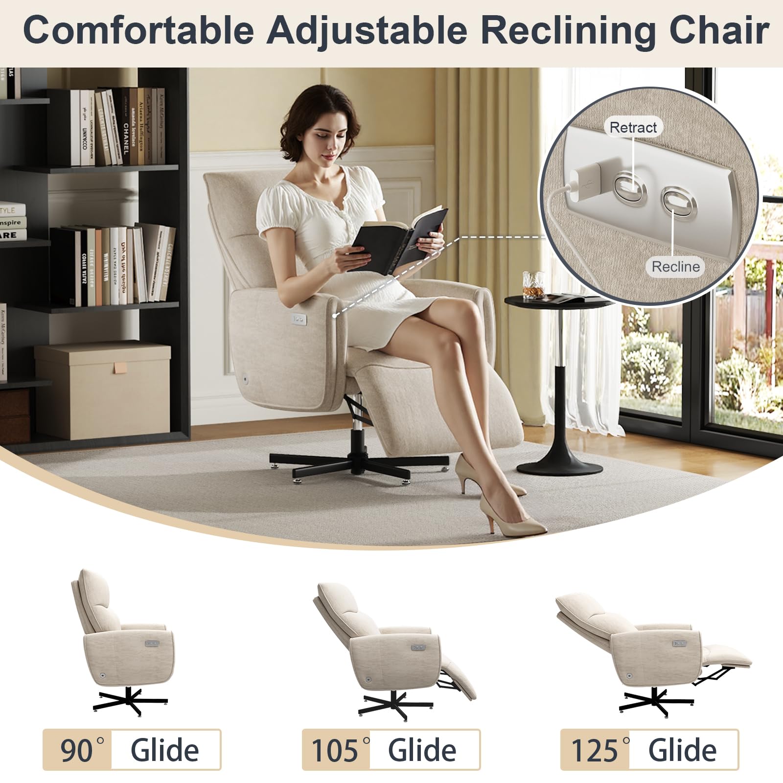 Power Reclining Adjustable Swivel Chair, Ergonomic Executive Office Chair, 90°-125° Tilt, Velvet Upholstery, Built-in USB Charger, 360° Rotation & Height Adjustment, Modern Desk Chair for Home Office