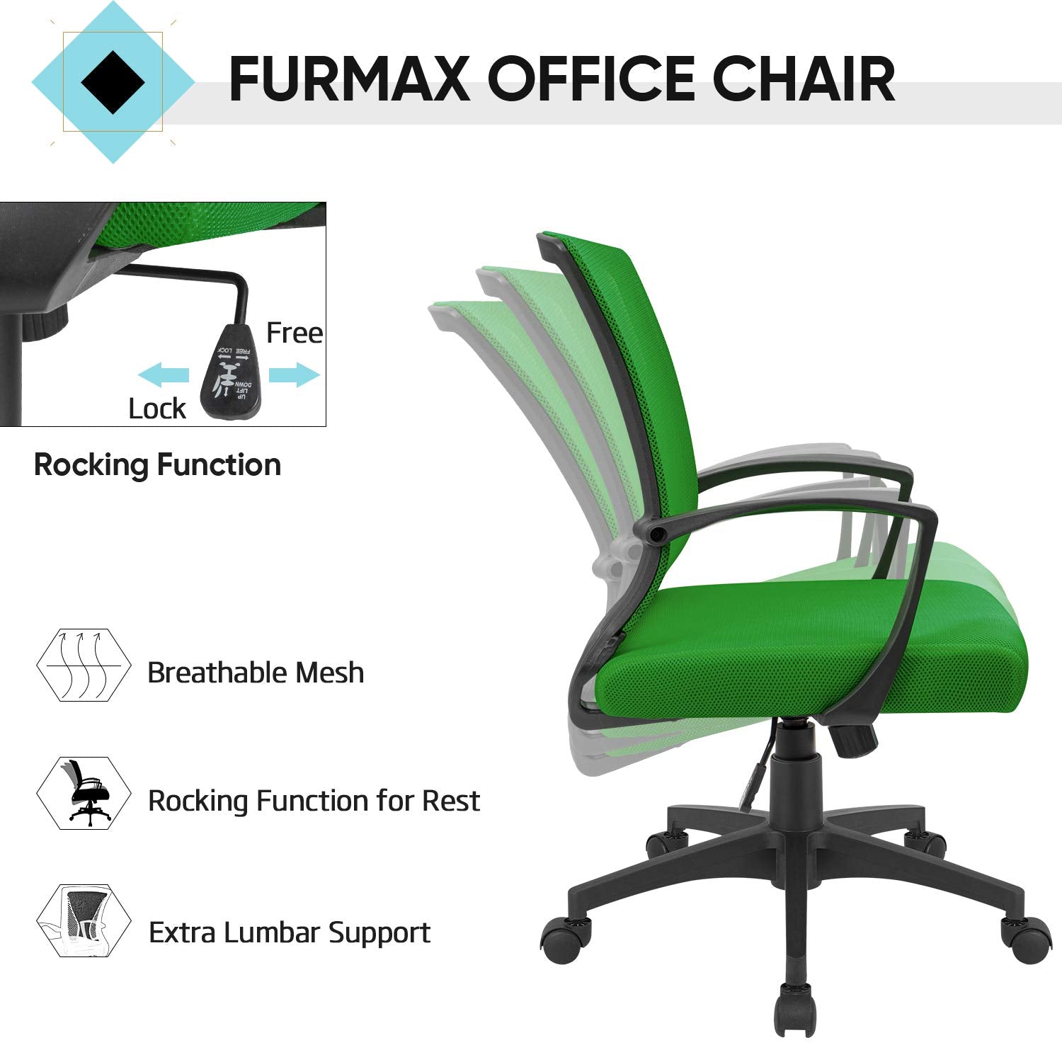 Office Chair Ergonomic Computer Desk Mesh Chair Mid Back Swivel Lumbar Support with Armrest (1, Green)