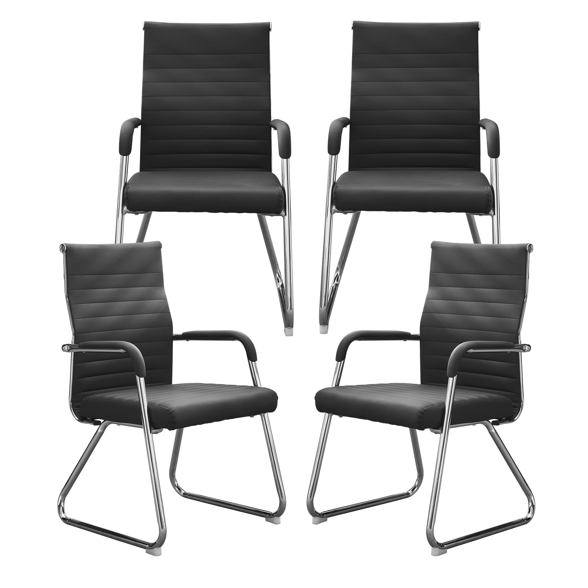 Office Chairs Set of 4, Modern Leather Reception Chairs with Mid Back & Sled Base, No-Wheel Desk Chairs for Waiting Room & Conference Room