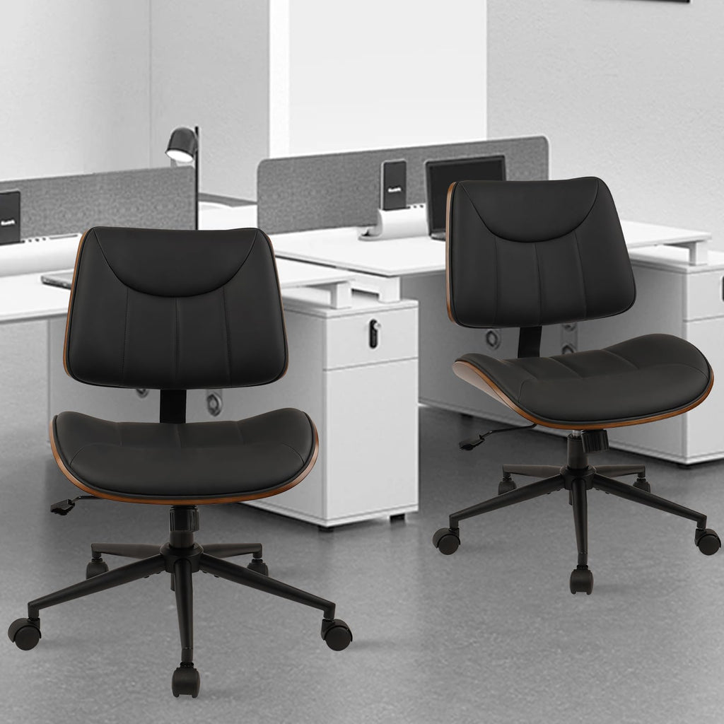 Office Chair Armless with Wheels, Mid-Century Modern Walnut Desk Chair, Adjustable Height Reading Chair, PU Leather Mid Back & Swivel Computer Chairs for Home Meeting Room Bedroom, Black(2 PK)
