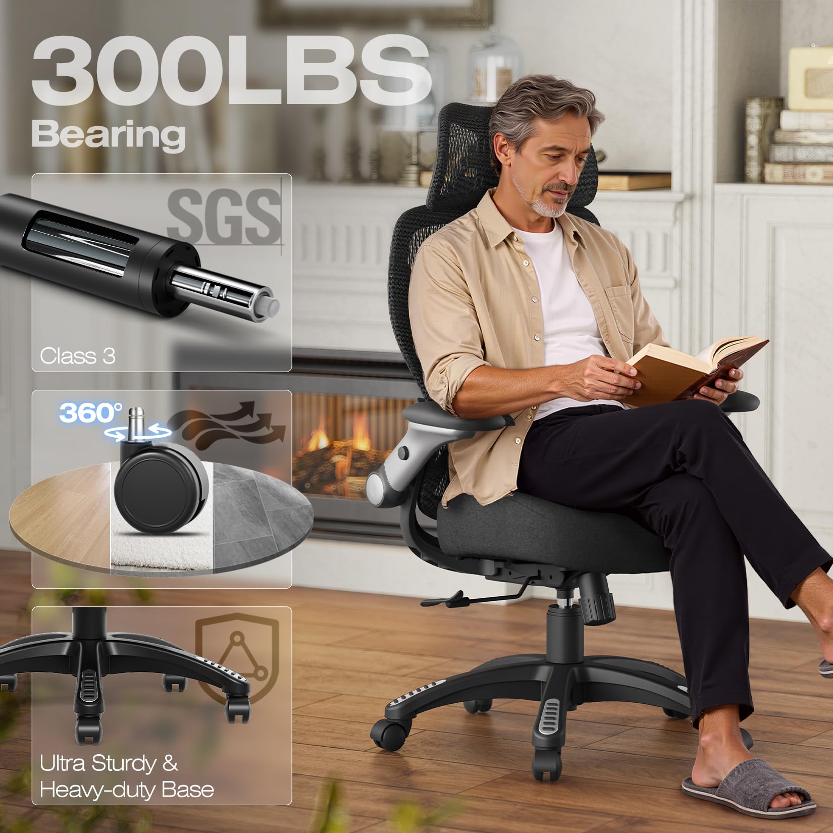 X100 Ergonomic Mesh Office Chair, Big and Tall Hone Desk Chair with 5D Flip-Up Arms, Adjustable 3D Lumbar Support,Gaming & Executive Computer Chairs for Long Hours, Padded Seat