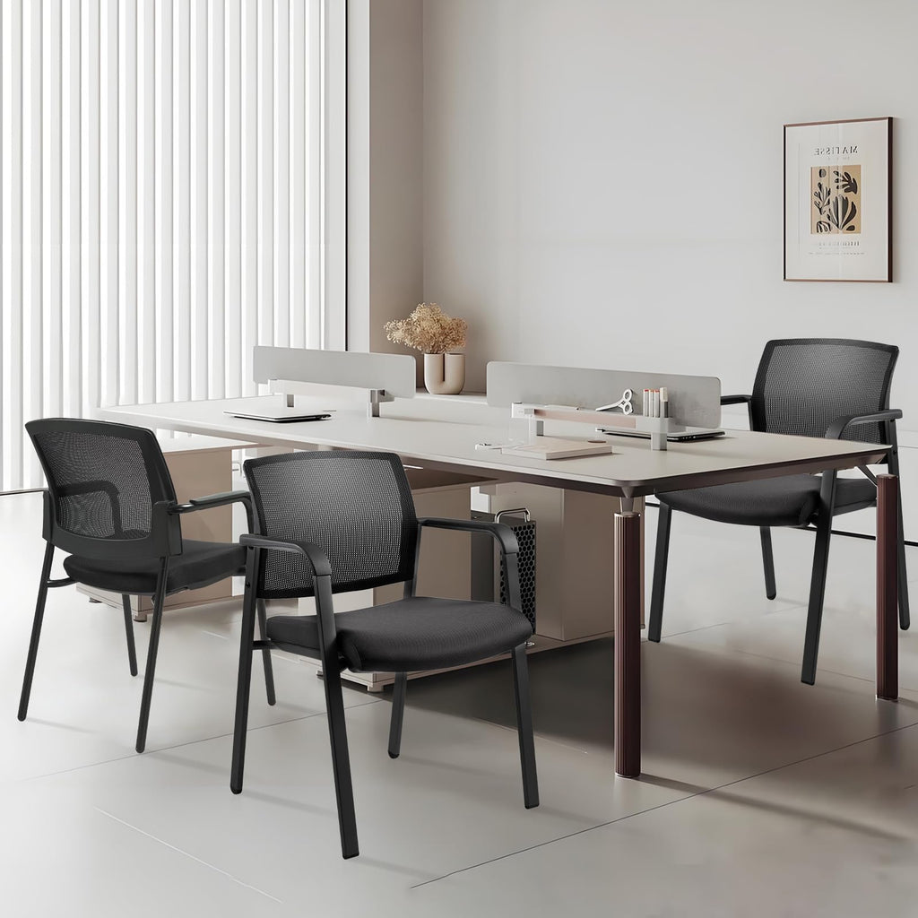 Mesh Back Stacking Arm Chairs with Upholstered Fabric Seat and Ergonomic Lumber Support for Office School Church Guest Reception Black