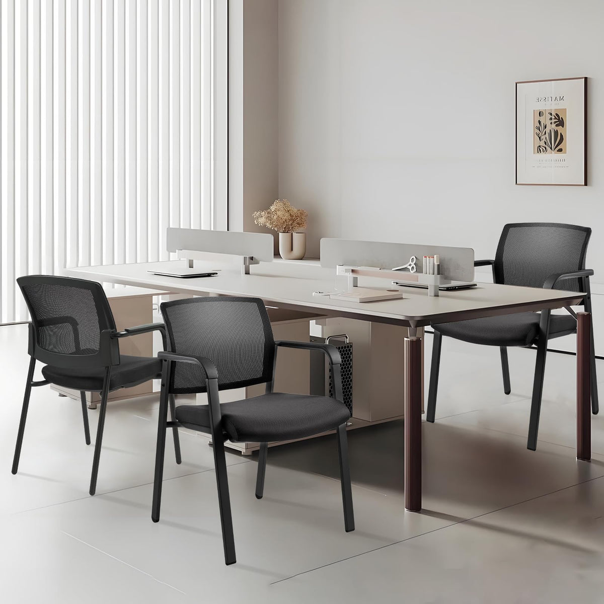 Mesh Back Stacking Arm Chairs with Upholstered Fabric Seat and Ergonomic Lumber Support for Office School Church Guest Reception Black