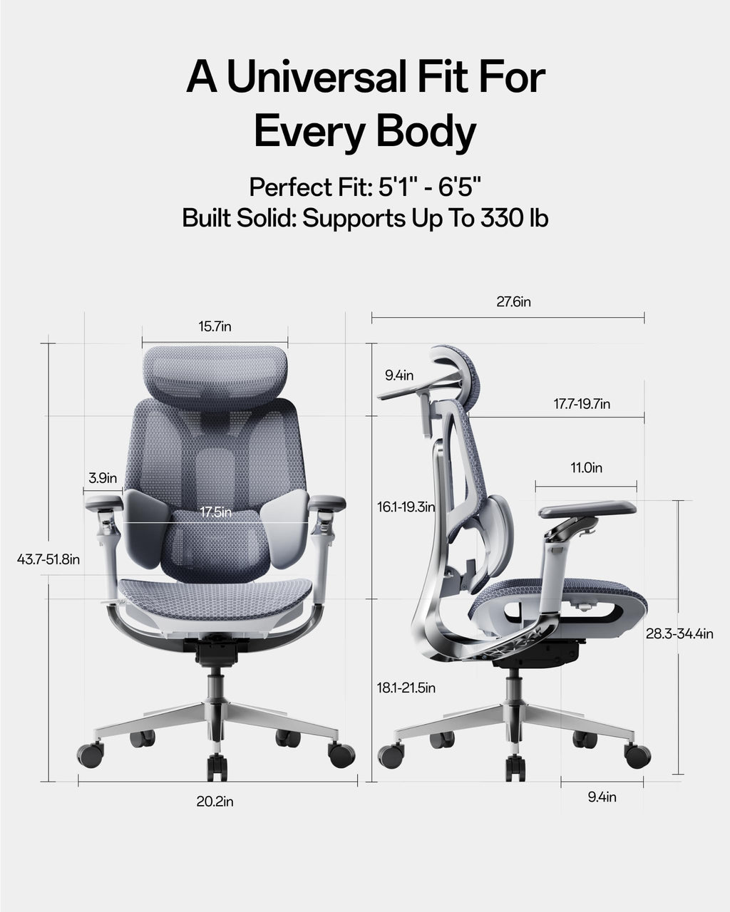 E3 Pro 2026 Edition Ergonomic Office Chair, Mesh Desk Chair with 3-Zone Floating Lumbar Support, Upgraded 4D Headrest, 720° Armrests, Grey