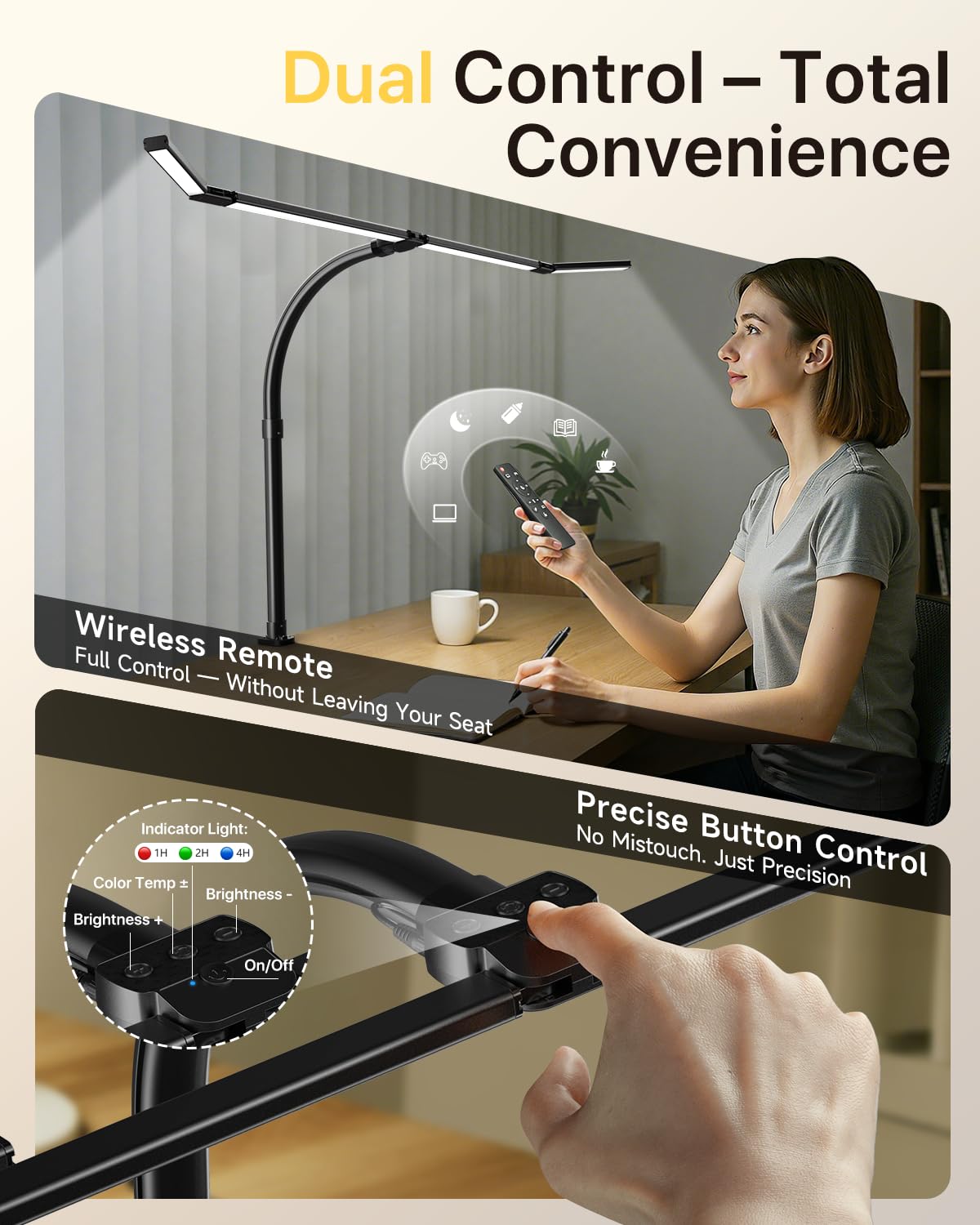 42" LED Desk Lamp with Clamp, Architect Desk Light with Remote, Adjustable 4-Segment Bar, 1800LM Bright, Eye-Caring Desk Lamp for Home Office, Reading, Study, Dual Monitors, Workbench(Black)