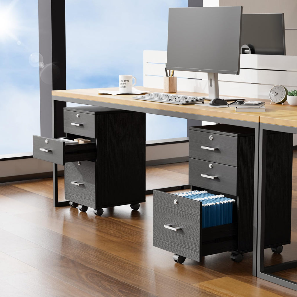 3-Drawer File Cabinet with Lock, Wood Rolling Filing Cabinets for Home Office, Mobile Printer Stand, Under Desk File Organizer for Letter Sized Files, 26" H(Caster Included), Black