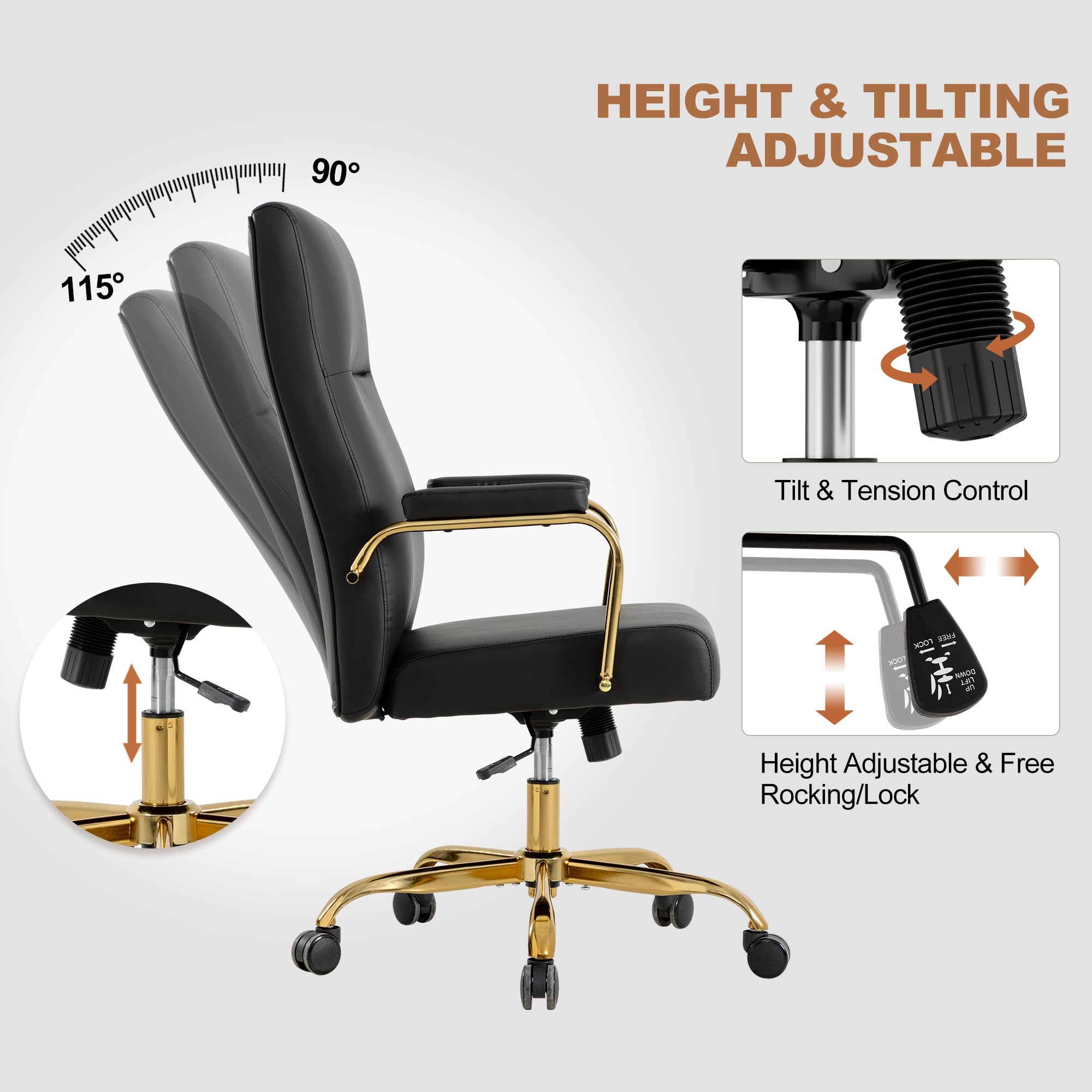Black and Gold Office Desk Chair,Leather Conference Room Chairs with Wheels,Modern High Back Executive Office Chair with Memory Foam,Ergonomic Swivel Computer Chair for Home Office