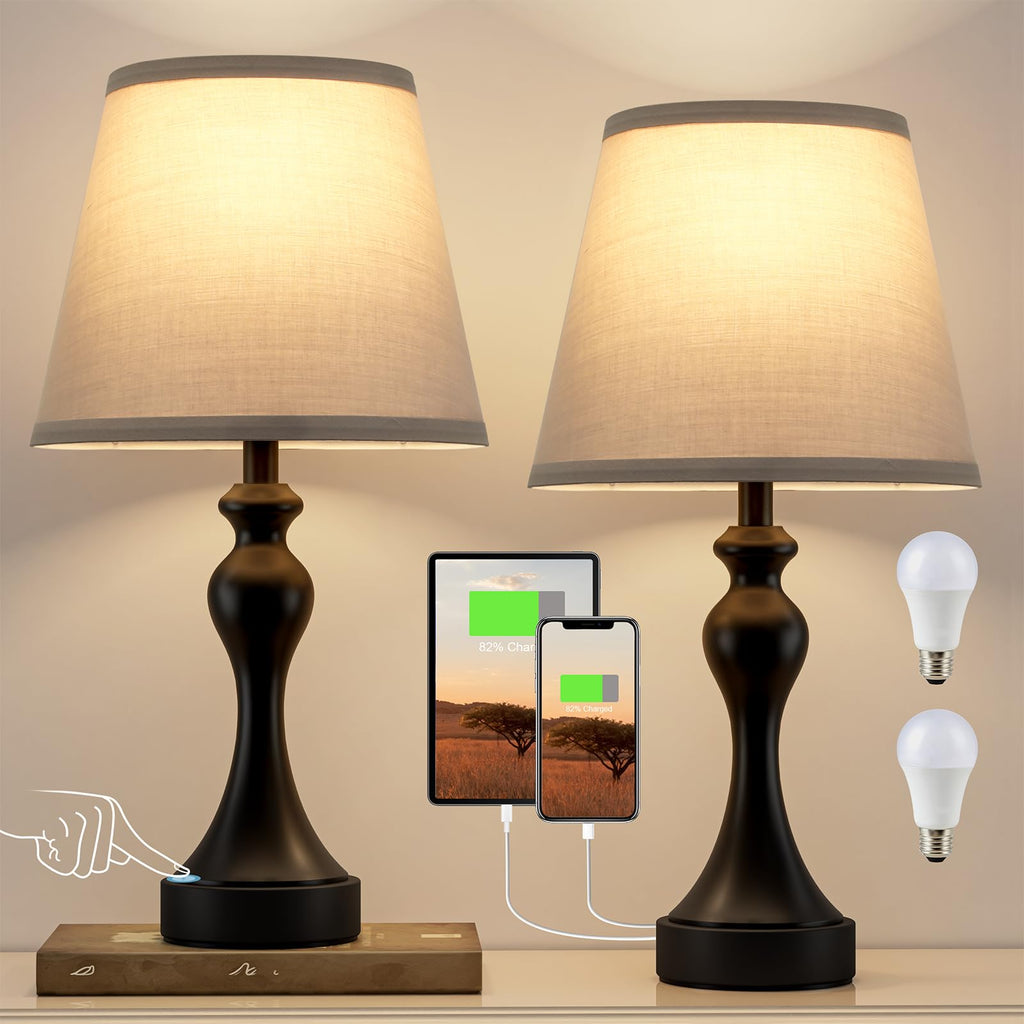 Touch Lamps for Nightstand, 3 Way Dimmable Bedside Lamps with USB C+A Ports