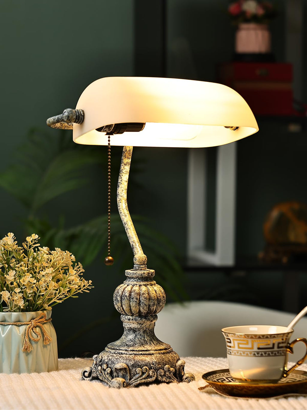 Retro White Matted Glass Bankers Desk Lamp,LED Bulb Included
