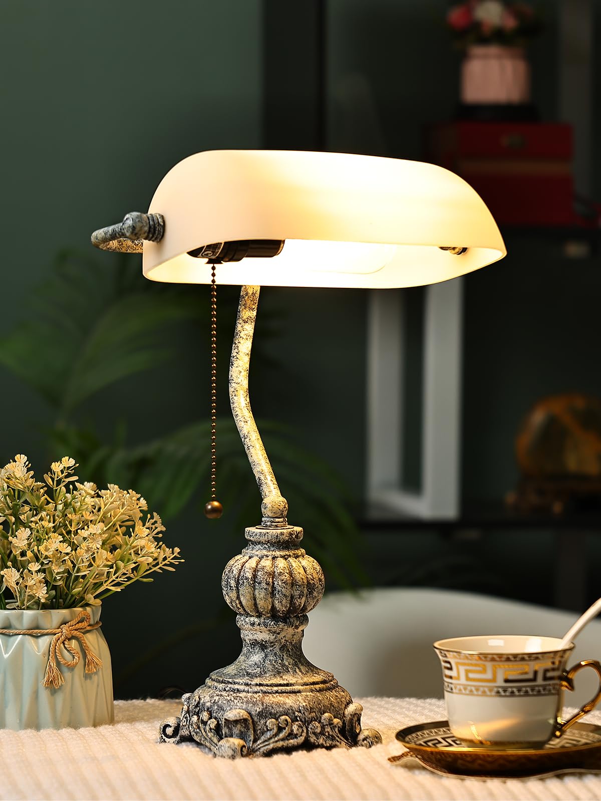Retro White Matted Glass Bankers Desk Lamp,LED Bulb Included